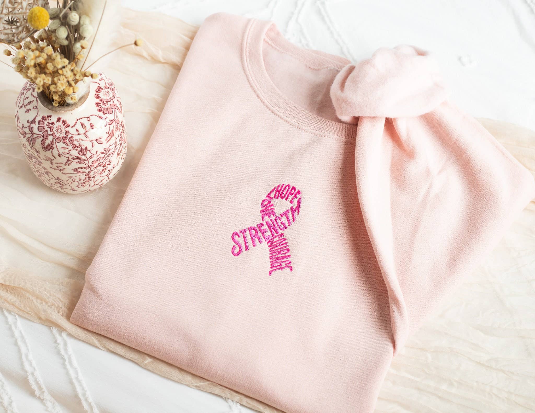 Embroidered Breast Cancer Awareness Motivational Sweatshirt – Blush Pink