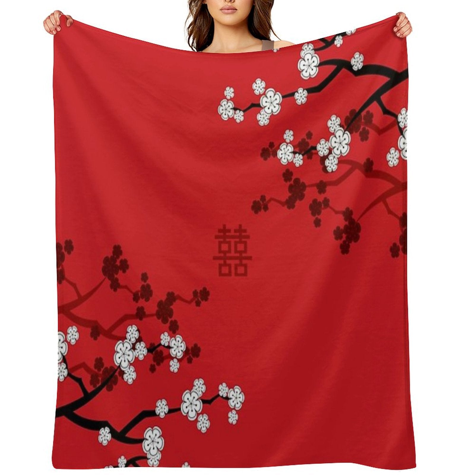 White Oriental Cherry Blossoms on Red And Chinese Wedding Double Happiness  Japanese Sakura © Fatfatin Throw Blanket