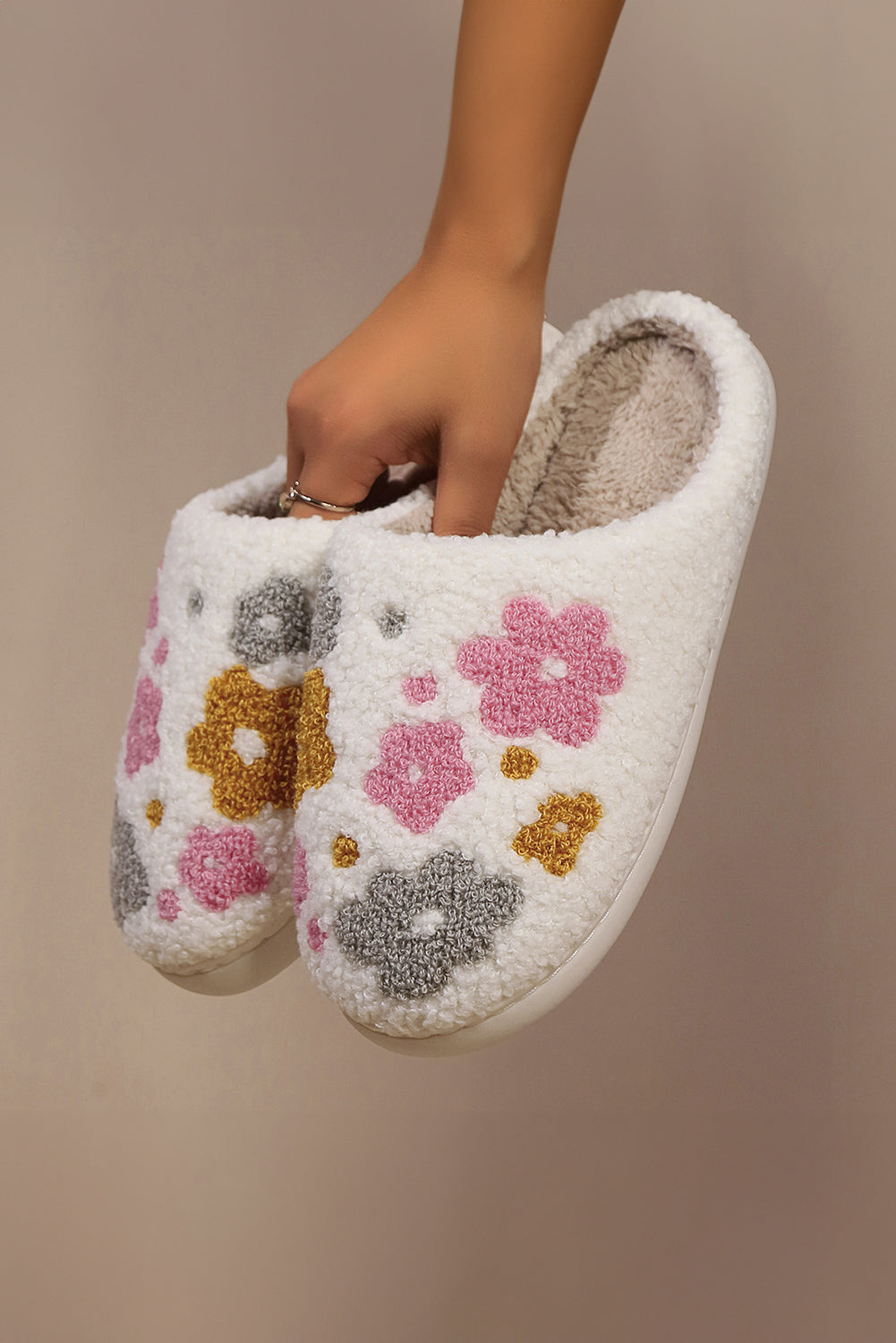 White Floral Fuzzy Winter Slippers With Cloudlike Comfort
