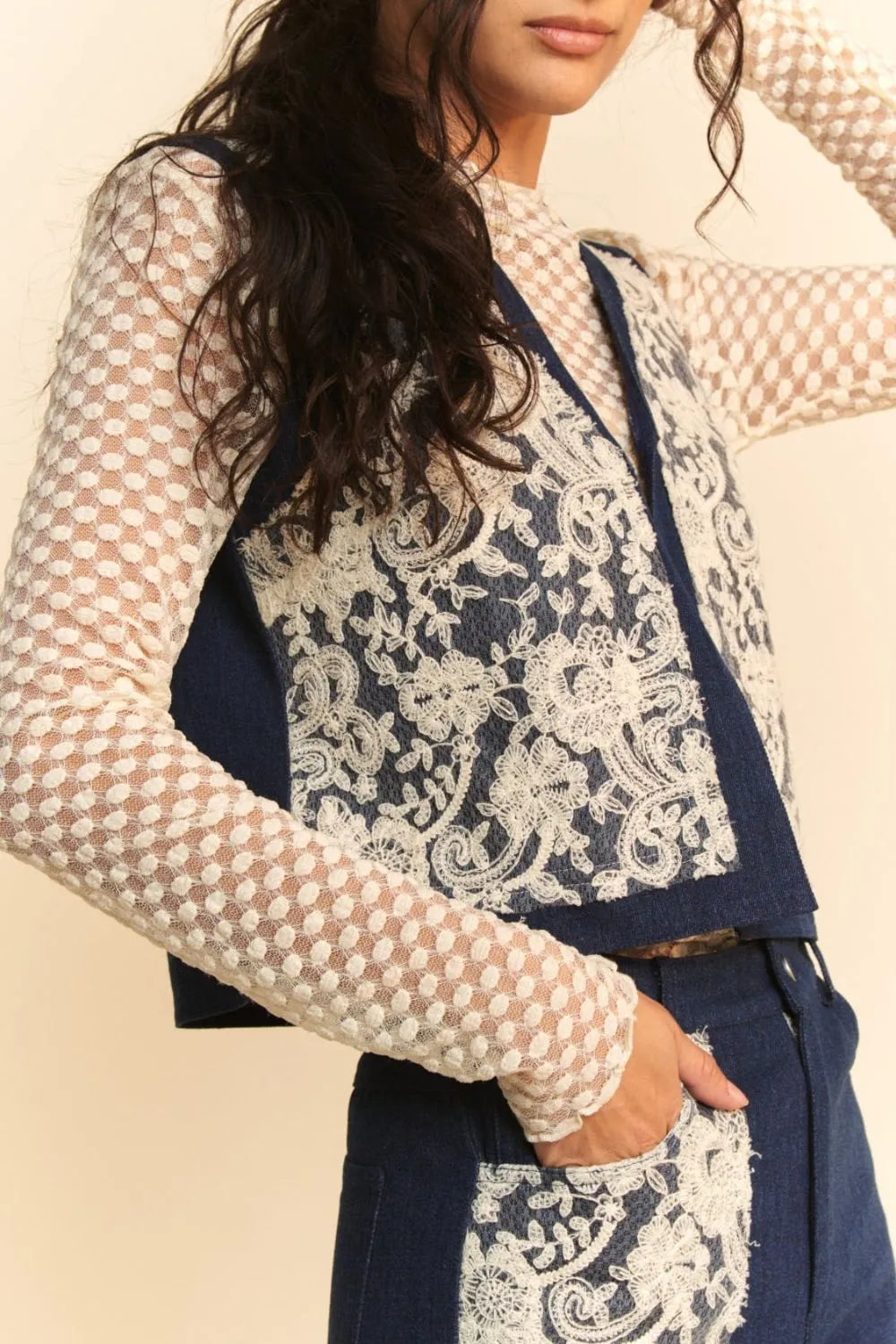 Davi and Dani Lace Patch Open Front Denim Vest