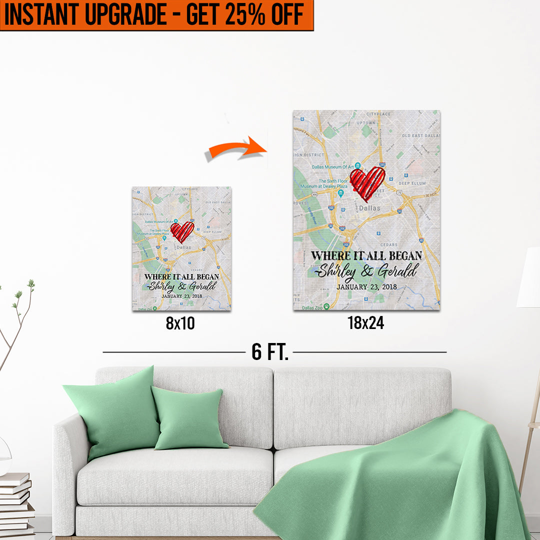 Upgrade Your 8x10 Inches &amp;#39;Where It All Began Couple Map&amp;#39; Canvas To 18x24 Inches