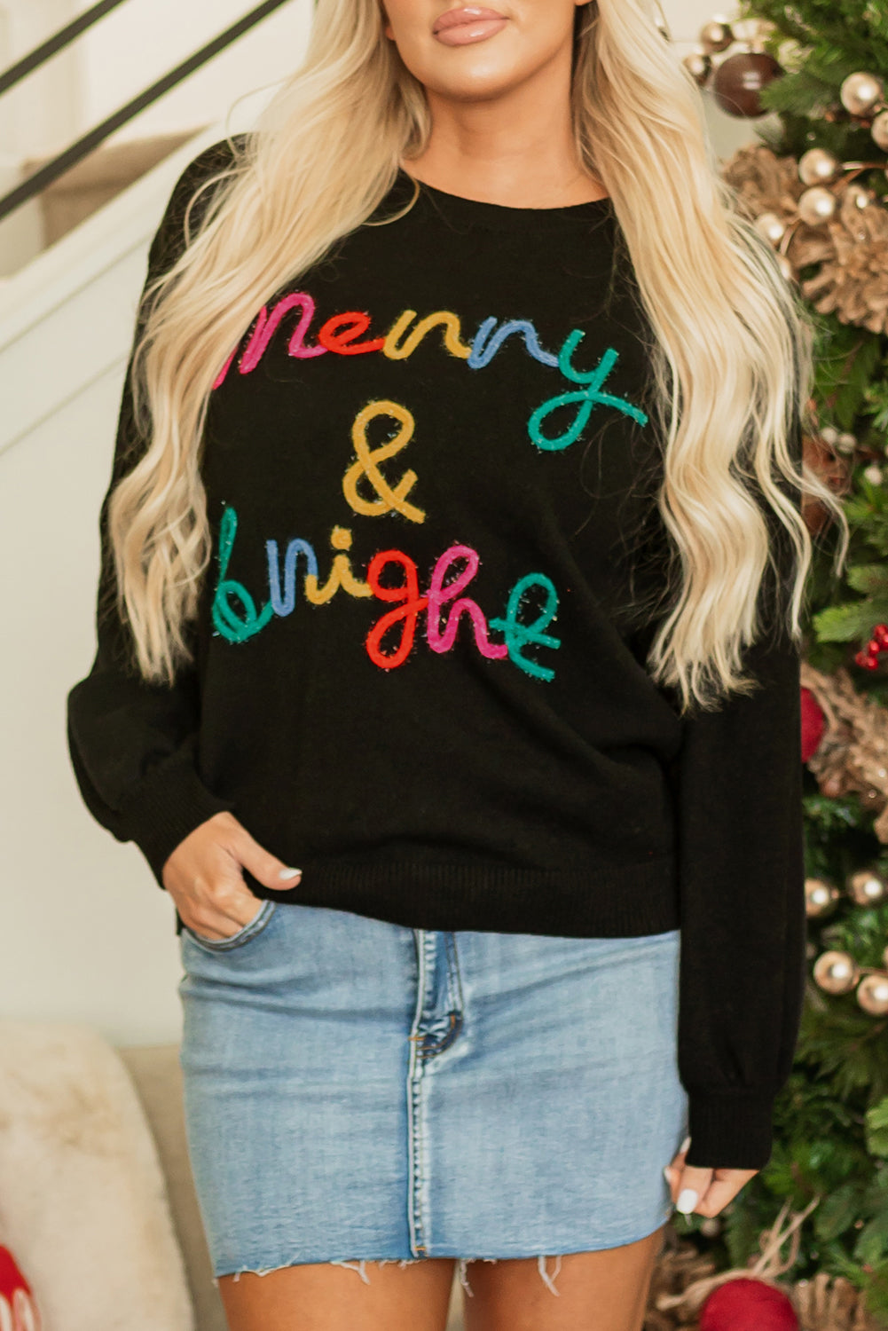 Christmas Merry &amp;amp; Bright Tinsel Long Sleeve Sweater