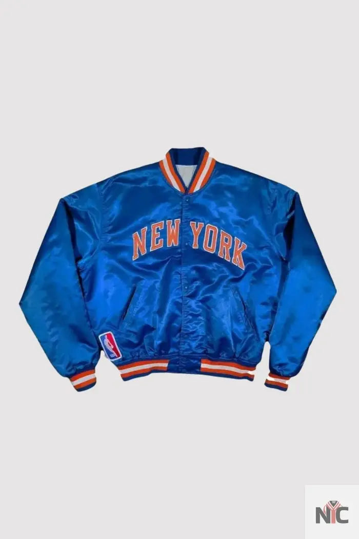 90s New York Knicks Blue Satin Bomber Jacket
