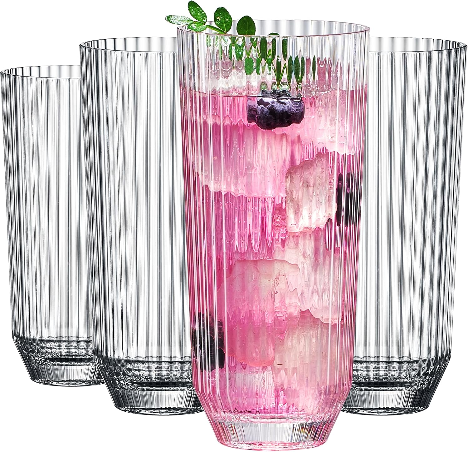 Khen Shatterproof Ribbed Drinking Glasses – Set of 4 Clear 12oz Tritan Tumblers, European Style Acrylic Drinkware – Durable, BPA-Free, Dishwasher Safe, Stackable &amp;amp; Unbreakable Plastic Cups