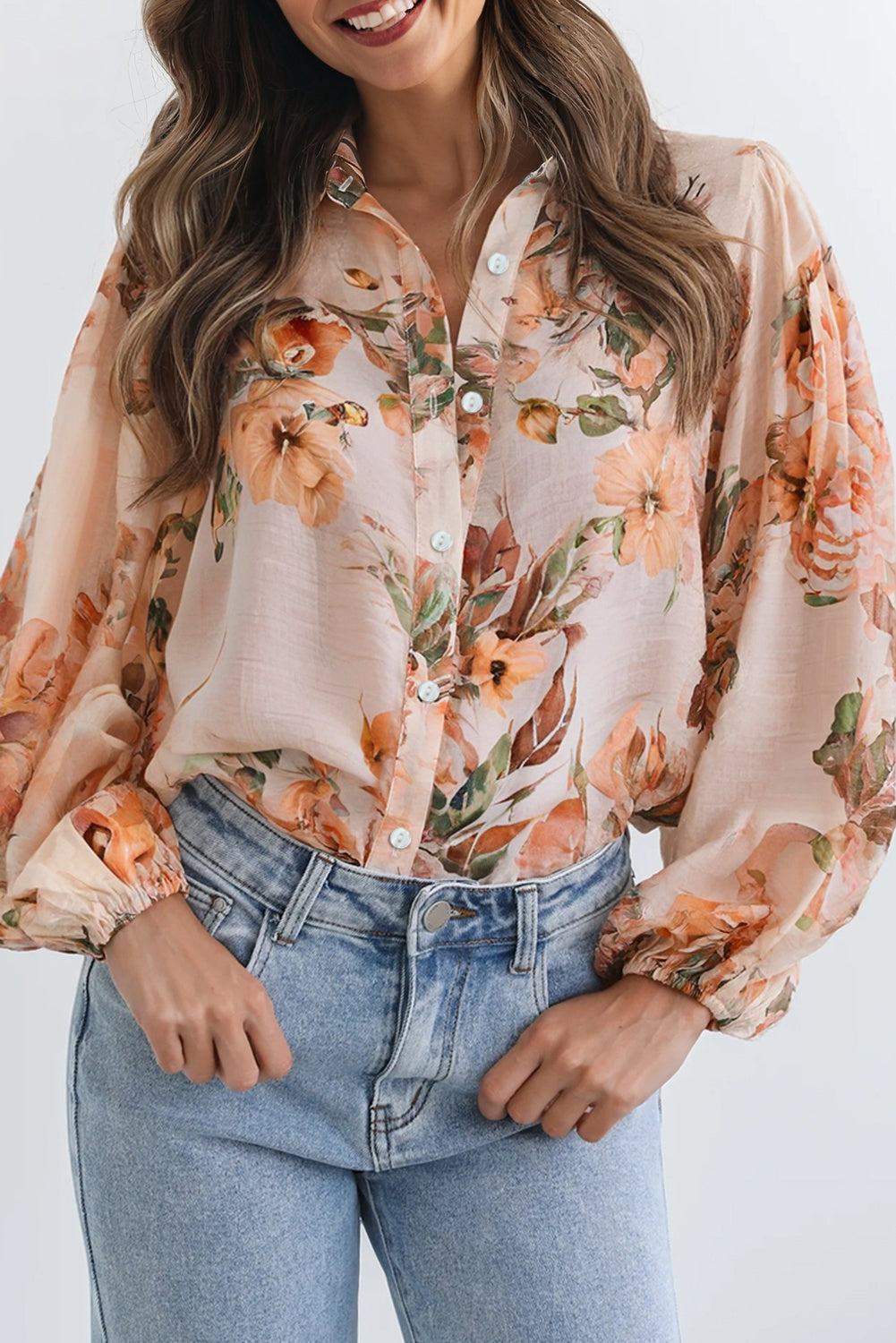 Floral Puff Sleeve Collared Shirt