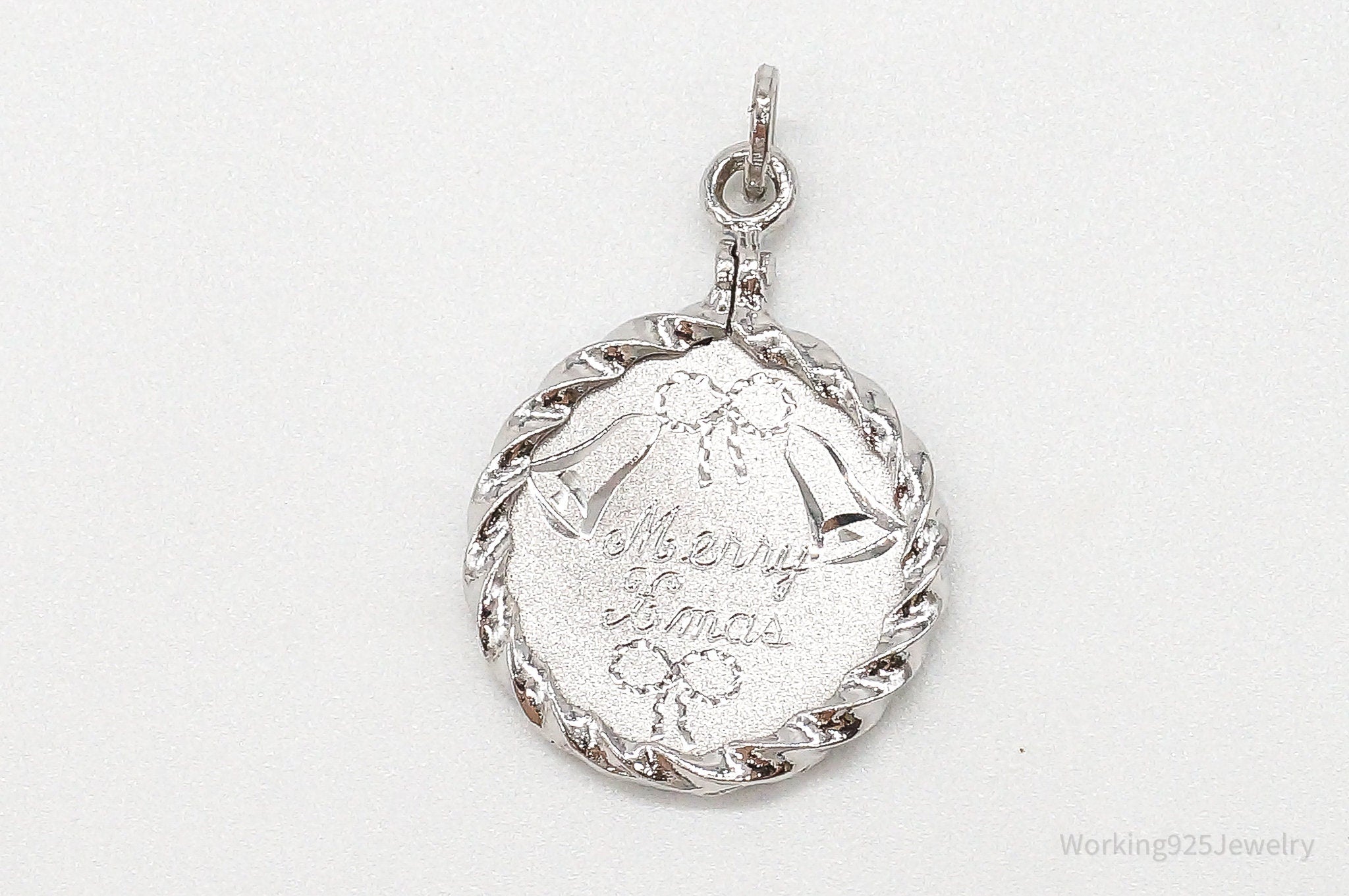 Vintage &amp;quot;Merry Xmas&amp;quot; Etched Bells Sterling Silver Pendant