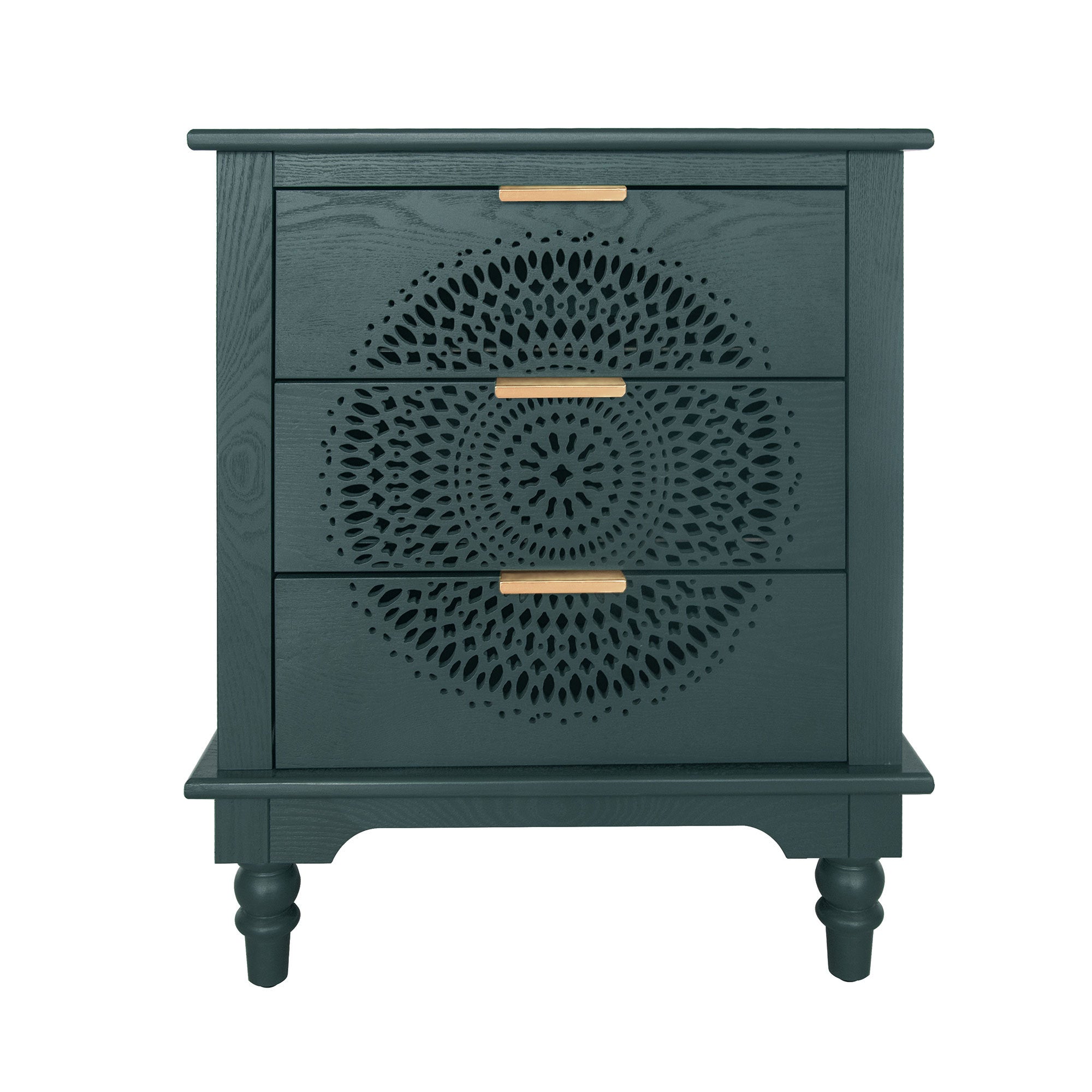 Blackish Green Hollow-Carved 3-Drawer Dresser with Metal Handles, MDF Storage Chest for Living Room or Bedroom