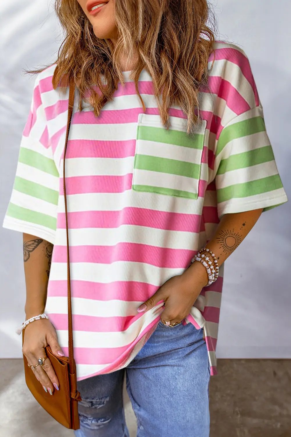 Threaded Pear Pink Stripe Tee Women&amp;#39;s Daily Casual T-Shirt Drop Sleeve Soft