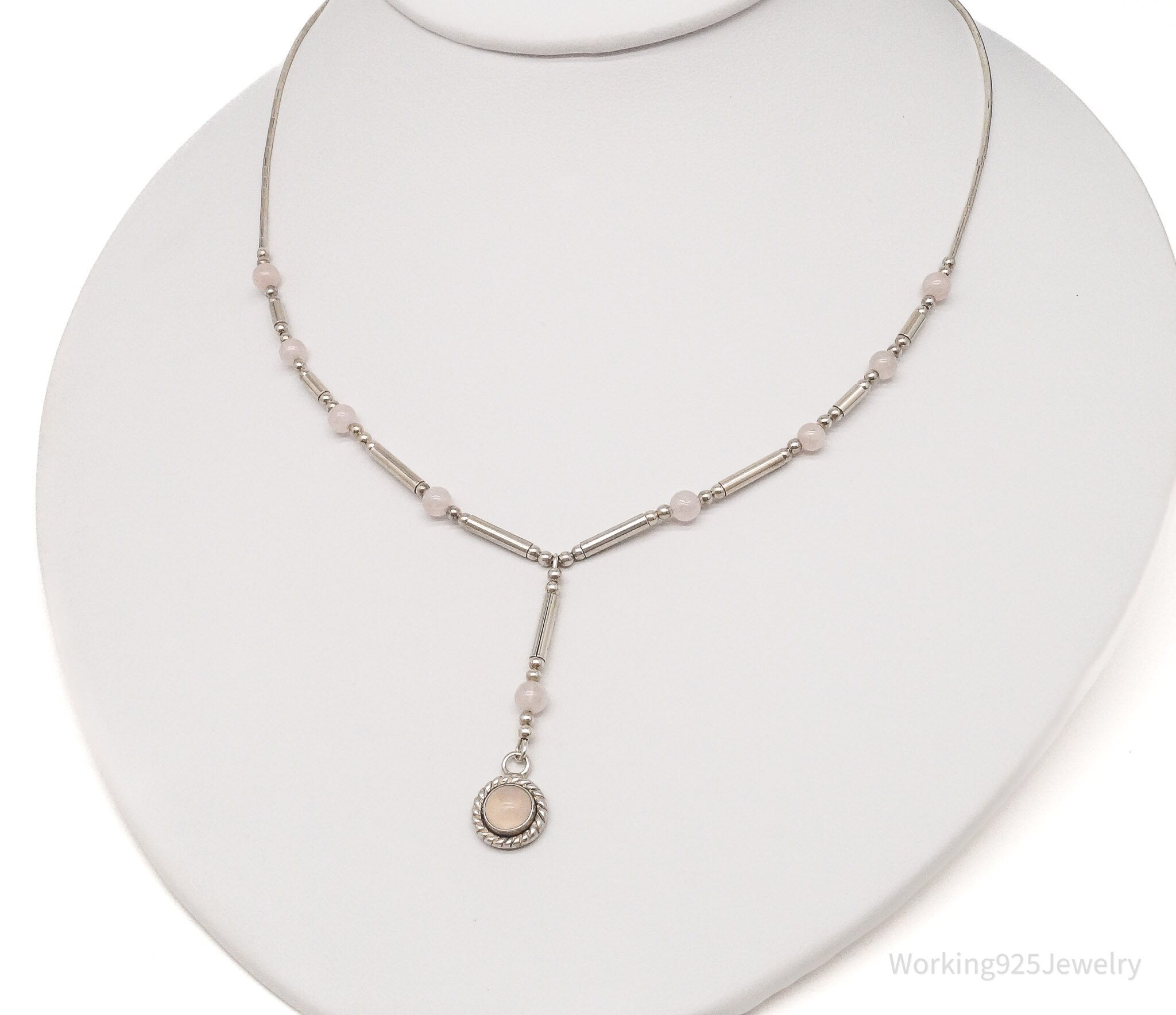 Vintage Western QT Inc Rose Quartz Sterling Silver Beaded Necklace 16&amp;quot;