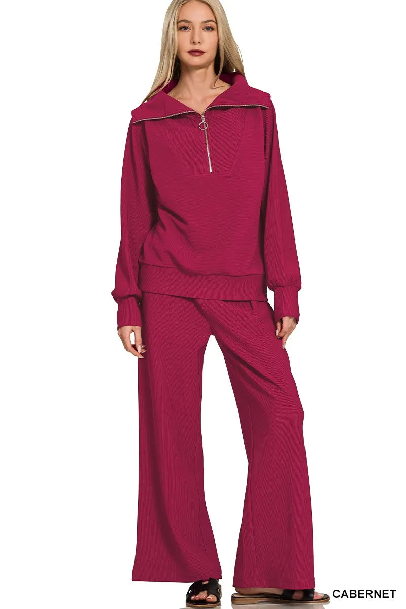 Zenana Ribbed High Neck Half Zip Pullover &amp;amp; Pants Set