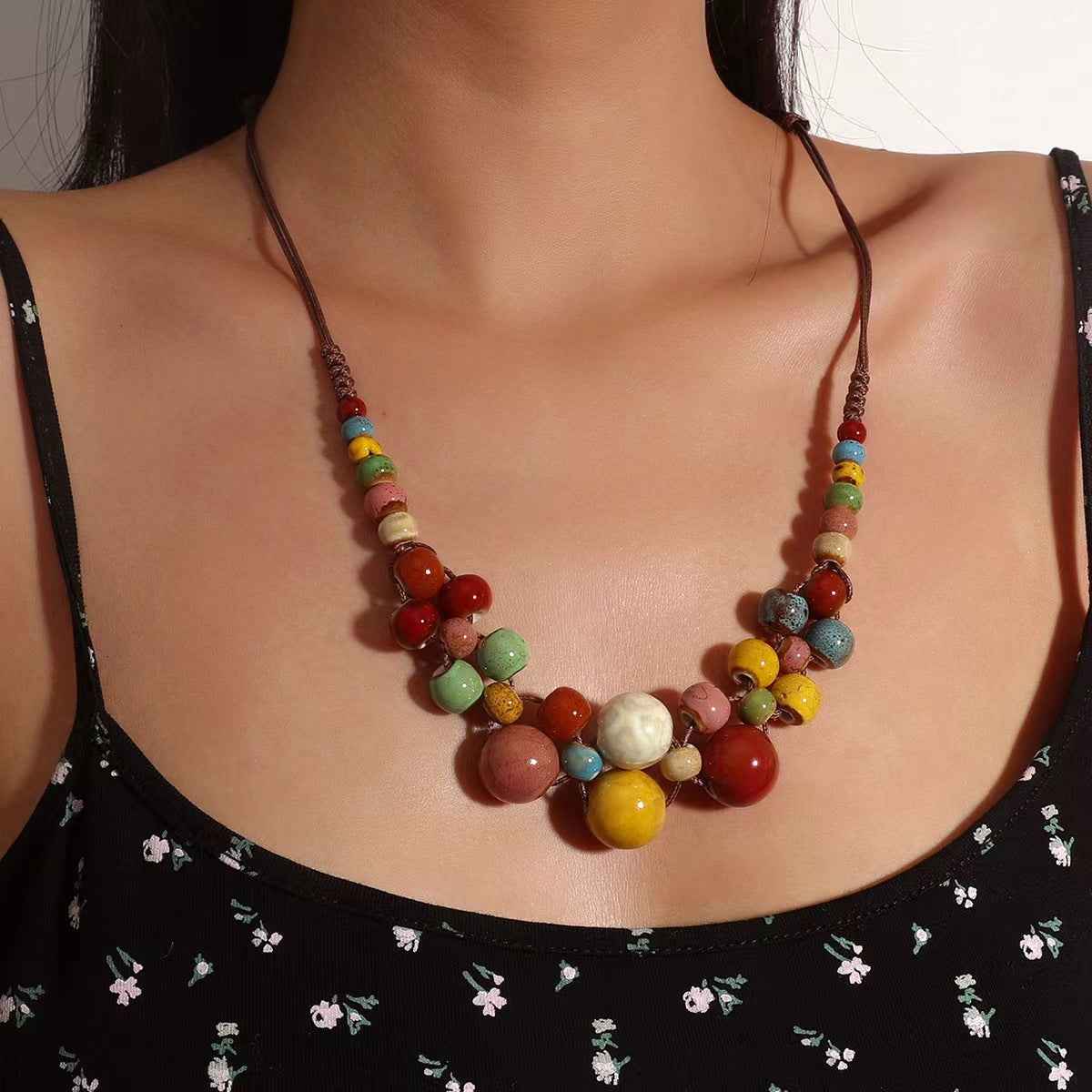Women’s Ethnic Colorful Ceramic Beaded Necklace – Bohemian Style