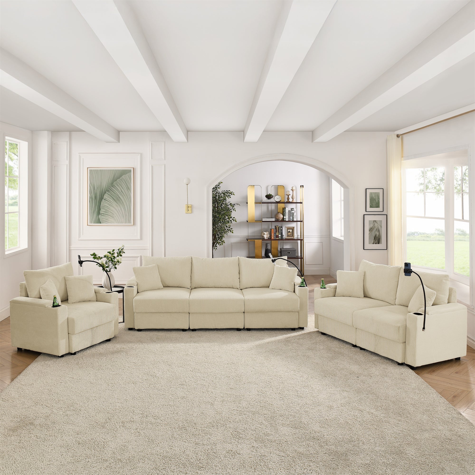 Modern 6 seats  Sofa  set  with Storage, Deep Seat Sofa with Cup Holders &amp;amp; Phone Holder, Beige Corduroy Couch for Living Room,Beige