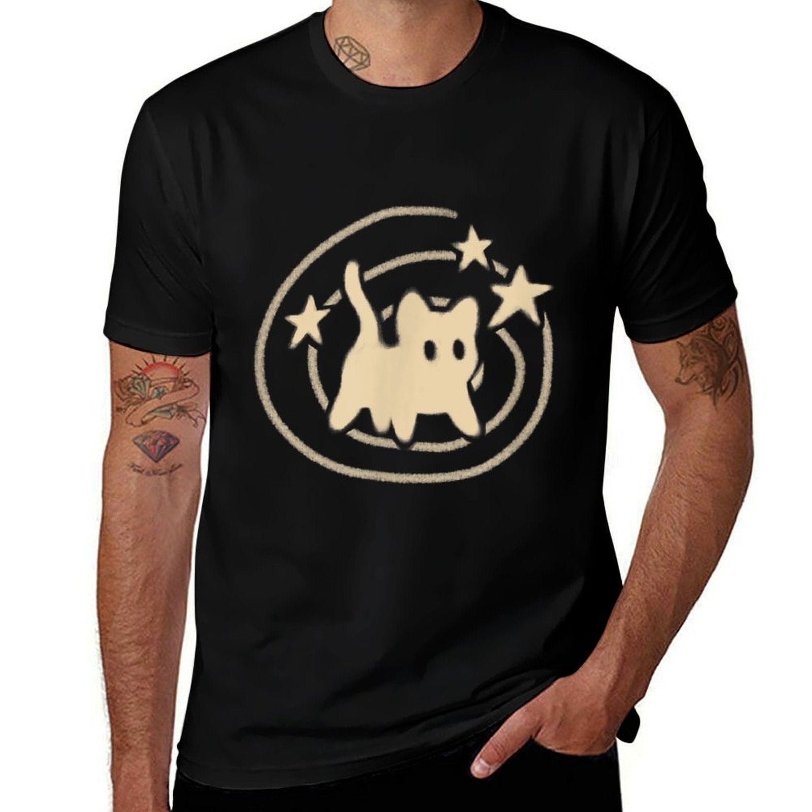 90s Y2K Scary Tomcat Cat Is Scared Under Starry Tail  Graphic-printed T-Shirt
