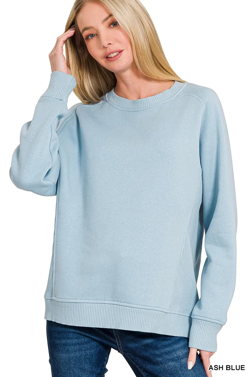 Zenana Fleece Round Neck Ribbed Side Raglan Sweatshirt