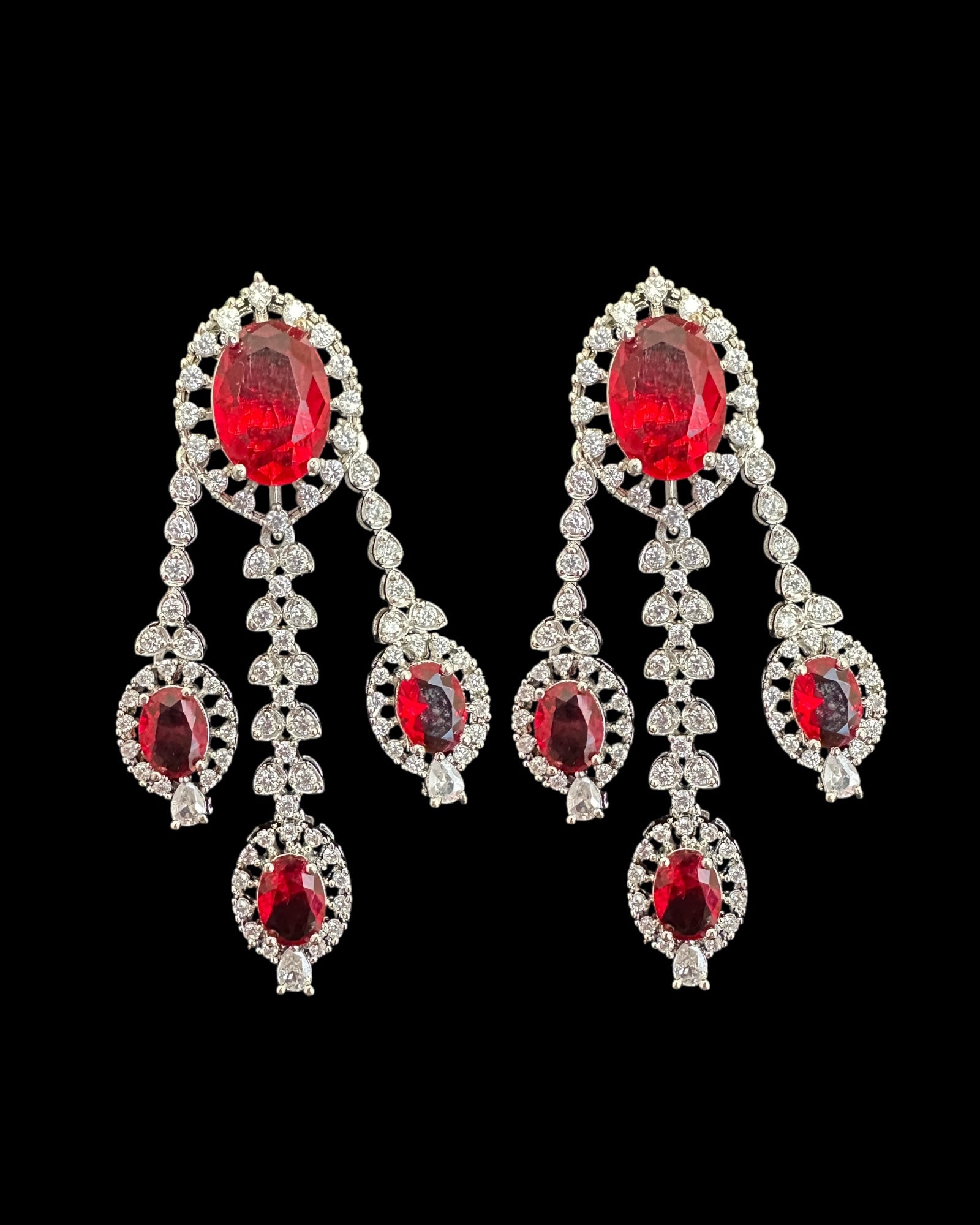 DER770  cz earrings  - Ruby, silver plated  ( READY TO SHIP )