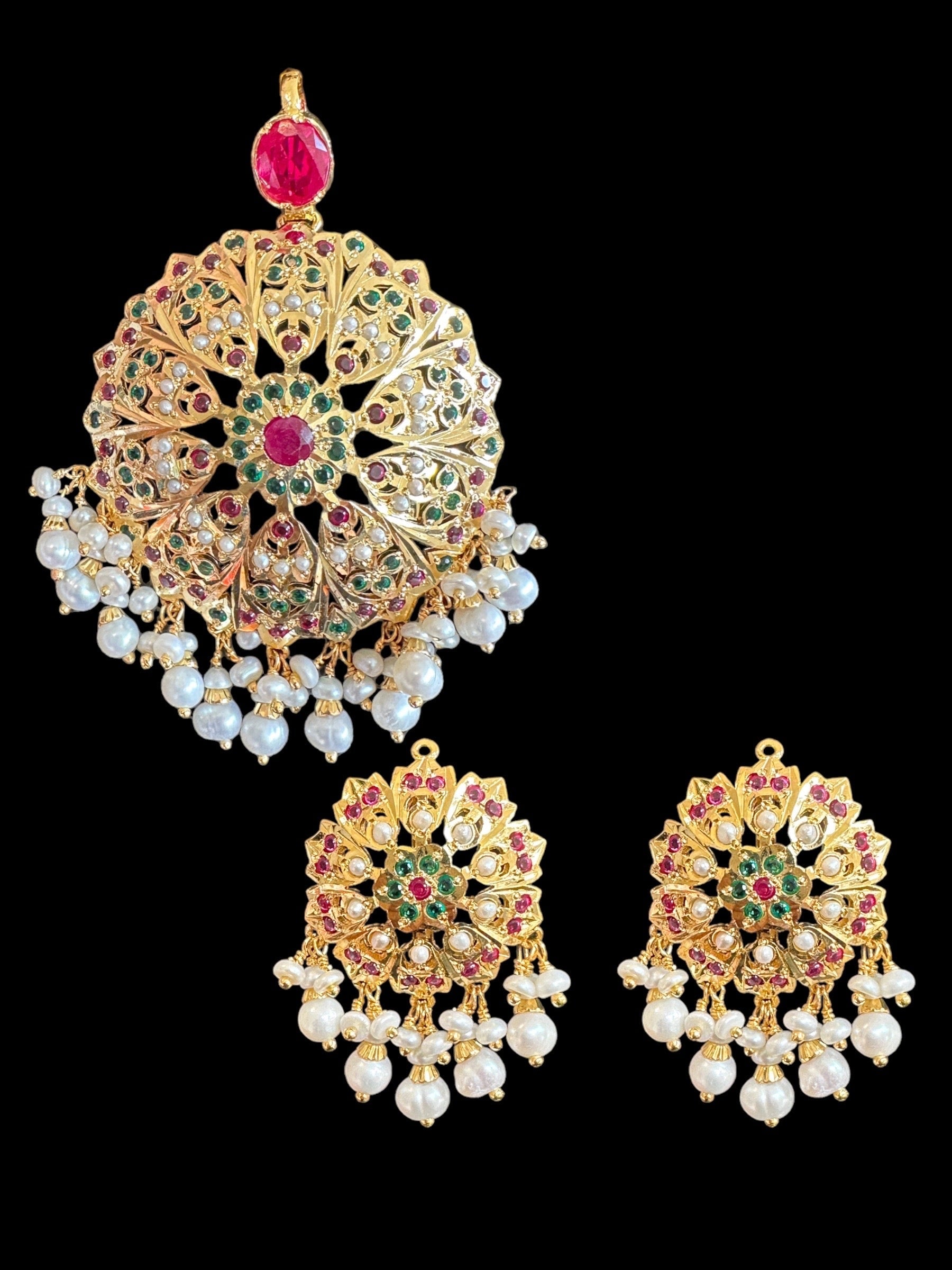 Ruby Emerald Freshwater Pearl Pendant Set in Gold-Plated Silver ( READY TO SHIP )