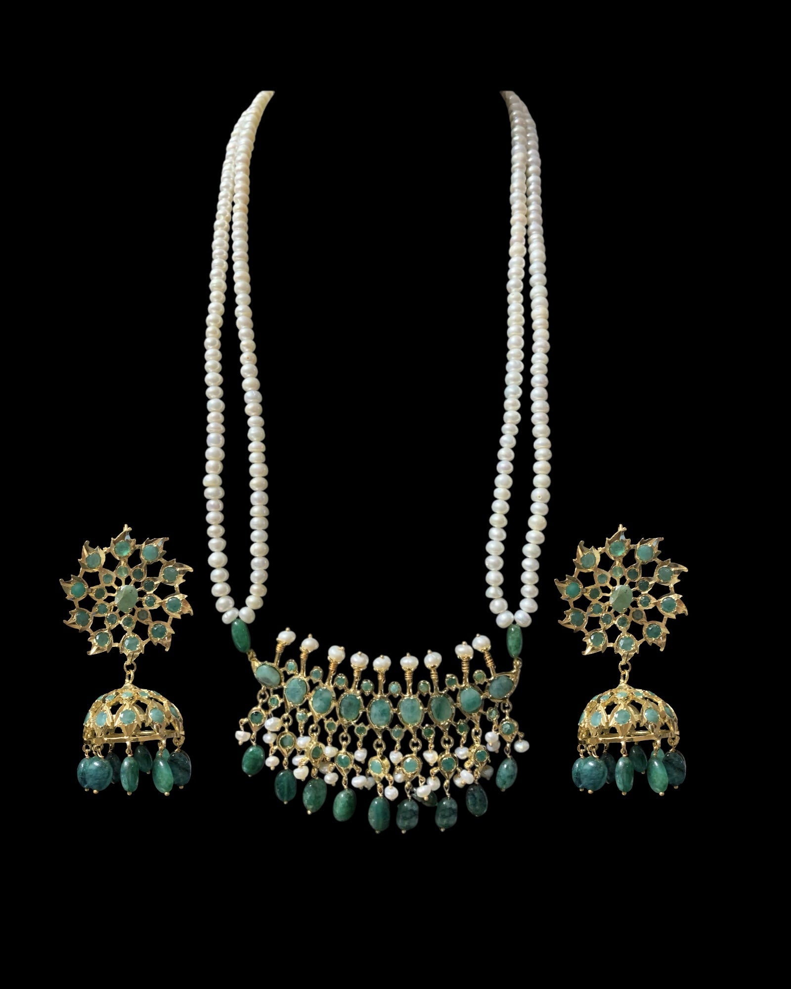 Tirmani Necklace Set with Large Jhumka Earrings – 22K Gold-Plated Jewelry with Freshwater Pearls and Emerald Beads ( SHIPS IN 4 WEEKS  )
