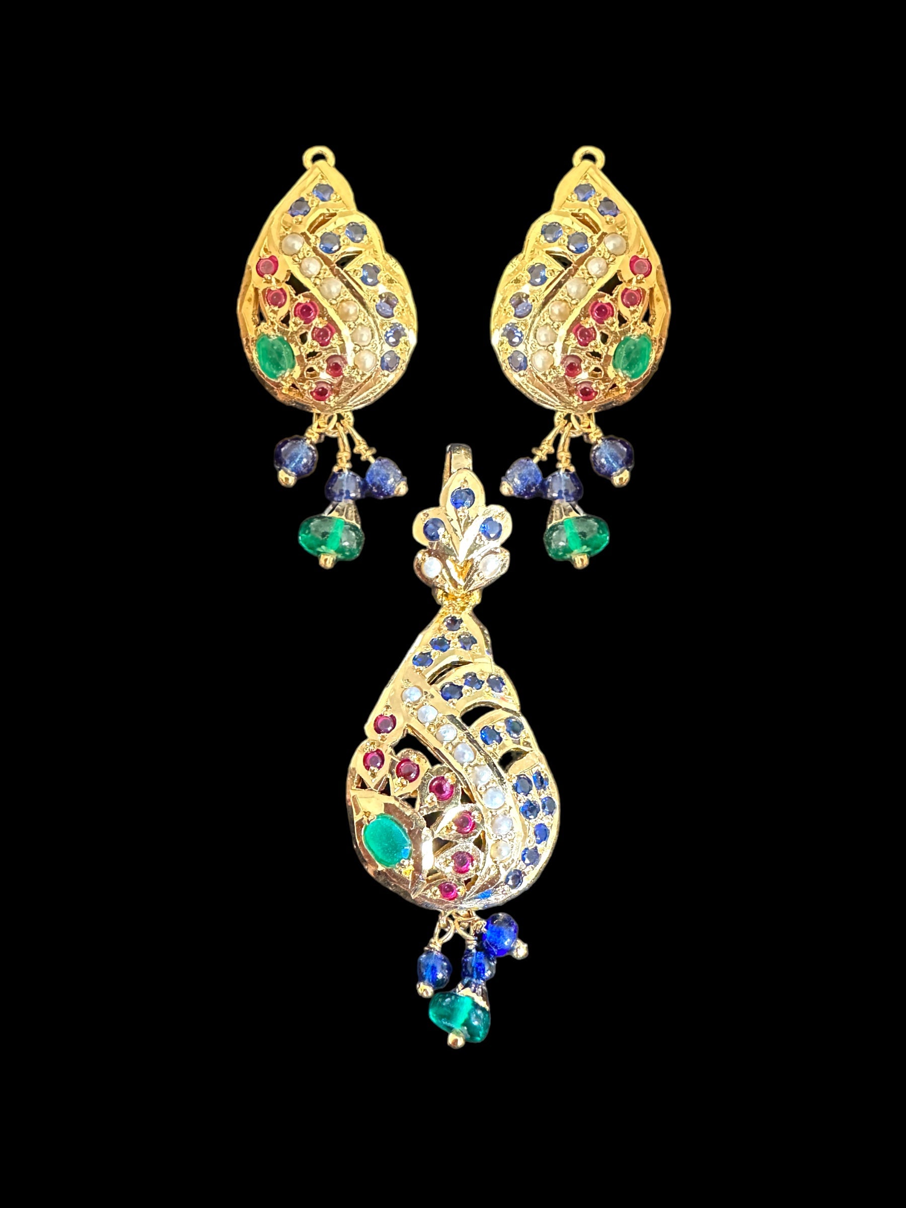 Emerald &amp;amp; Sapphire Gold-Plated Silver Pendant Set with Freshwater Pearls ( READY TO SHIP )