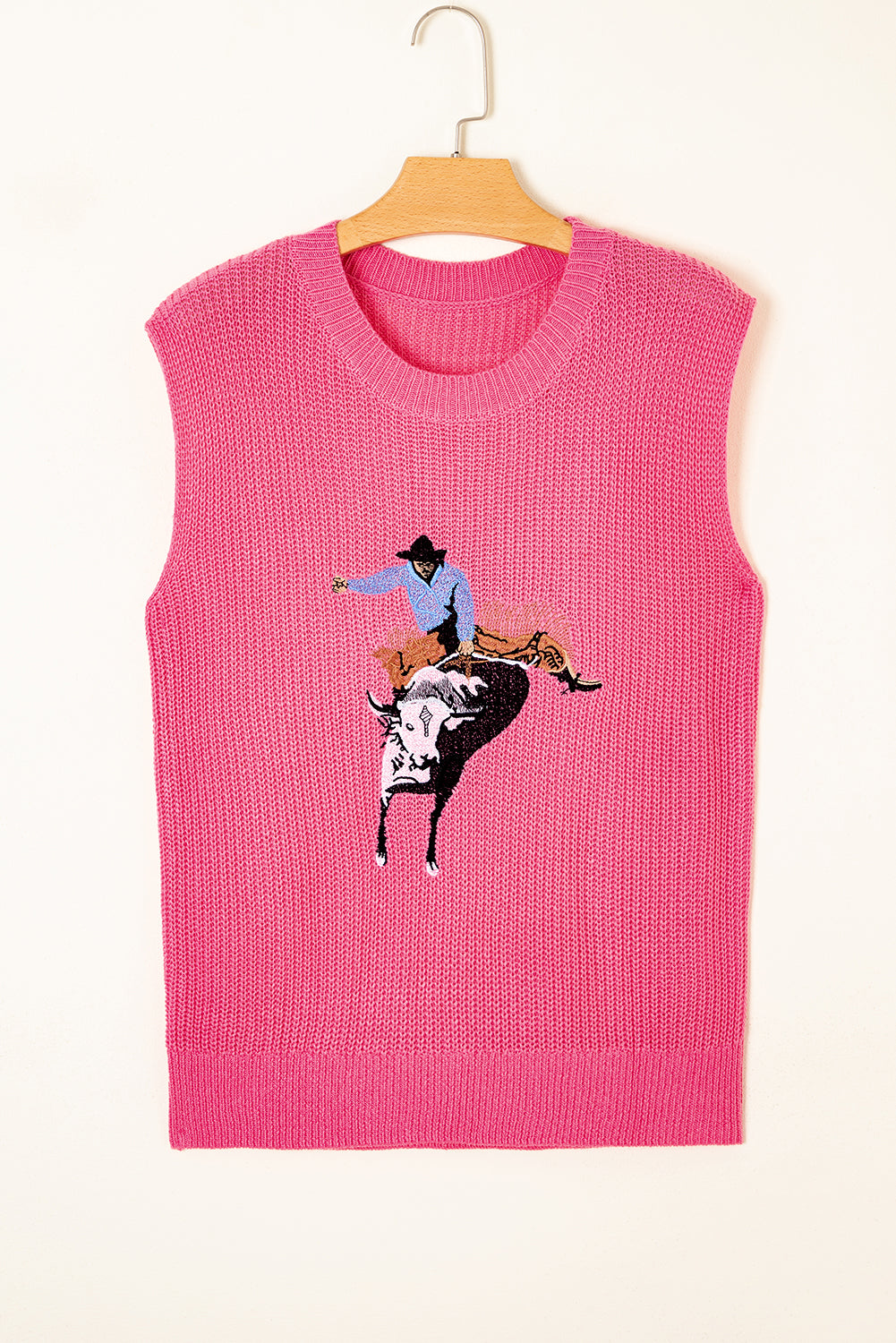 Bright Pink Western Cowboy Embroidery Sleeveless Sweater