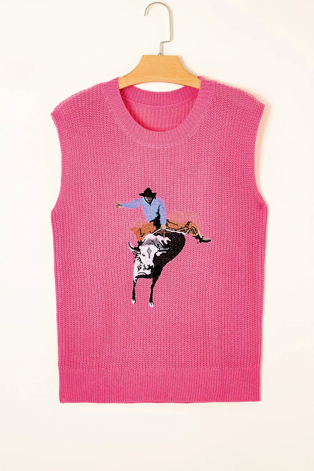 Love Salve Pink Cowboy Embroidery Women&amp;#39;s Sleeveless Knit Sweater: Summer Daily Wear