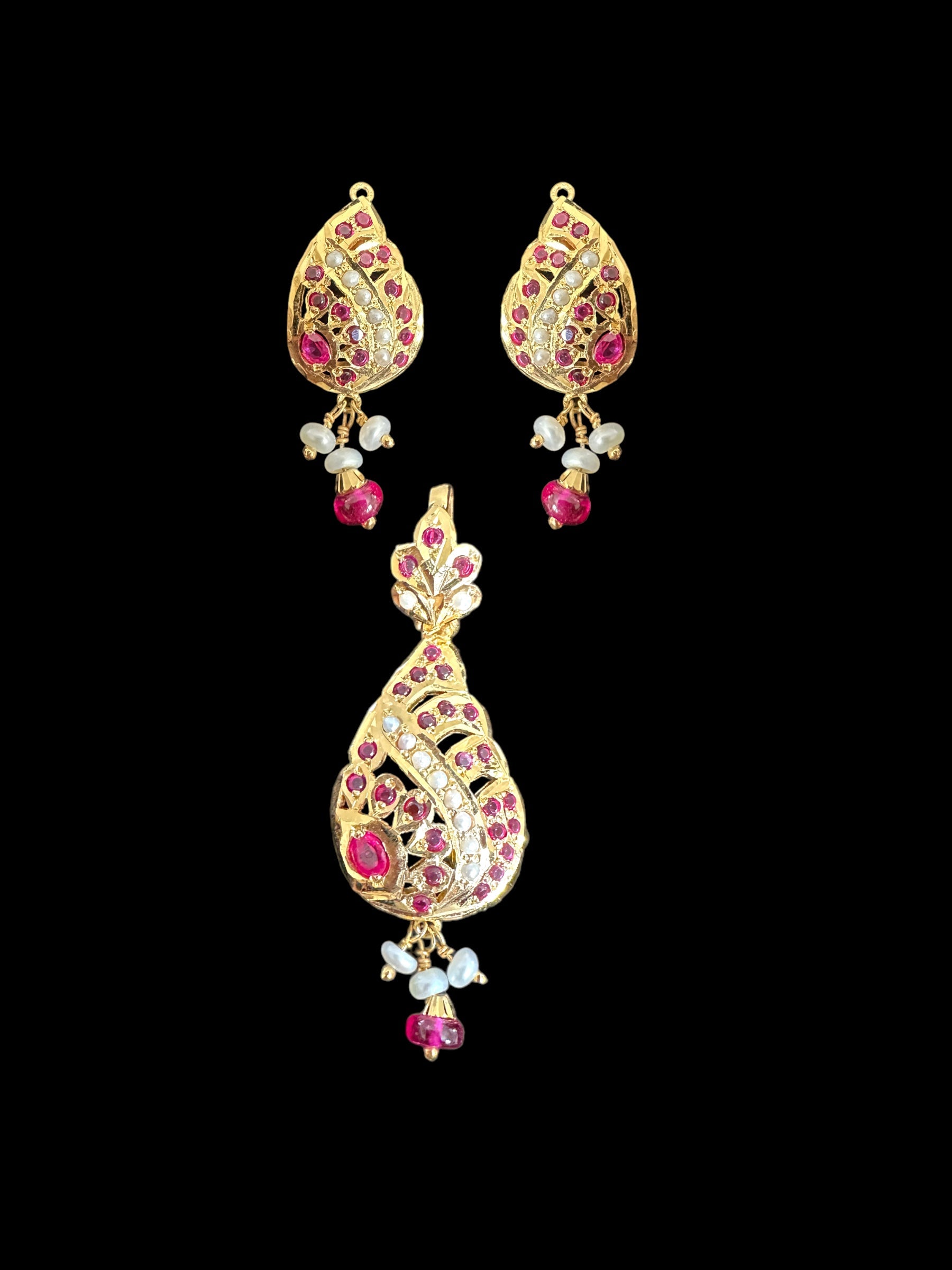 Gold-Plated Jadau Silver Pendant Set in Ruby &amp;amp; Pearl  ( READY TO SHIP )