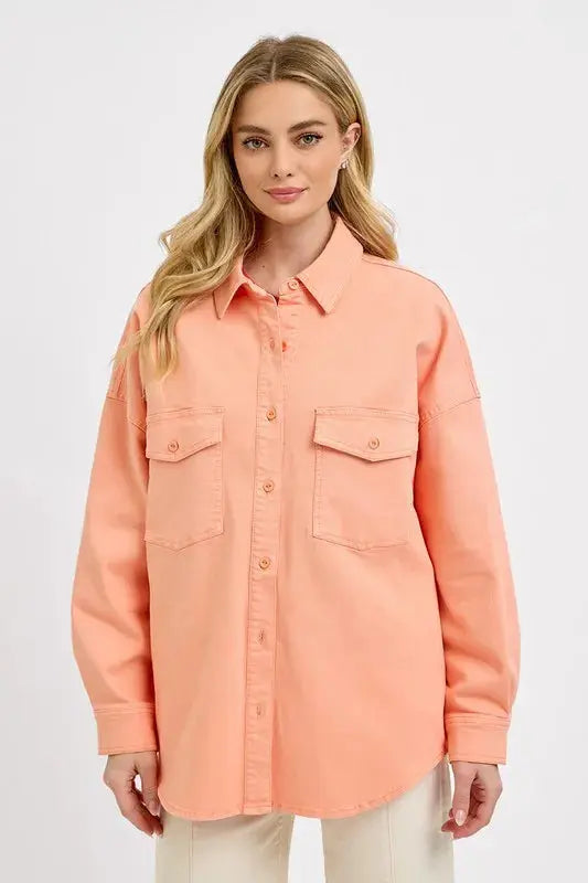Denim Shacket Plus Size Women&amp;#39;s Casual Button Down Long Sleeve Top Pockets