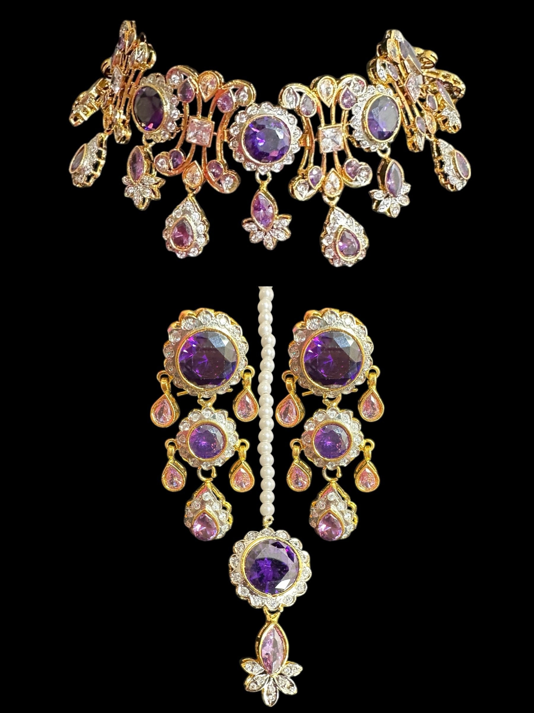 BR473 High quality cz  necklace set with tika - purple, Gold plated ( READY TO SHIP )