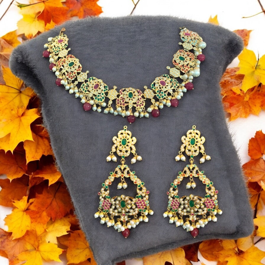 NS77 Niyati necklace set in Navratan with pearls ( READY TO SHIP )