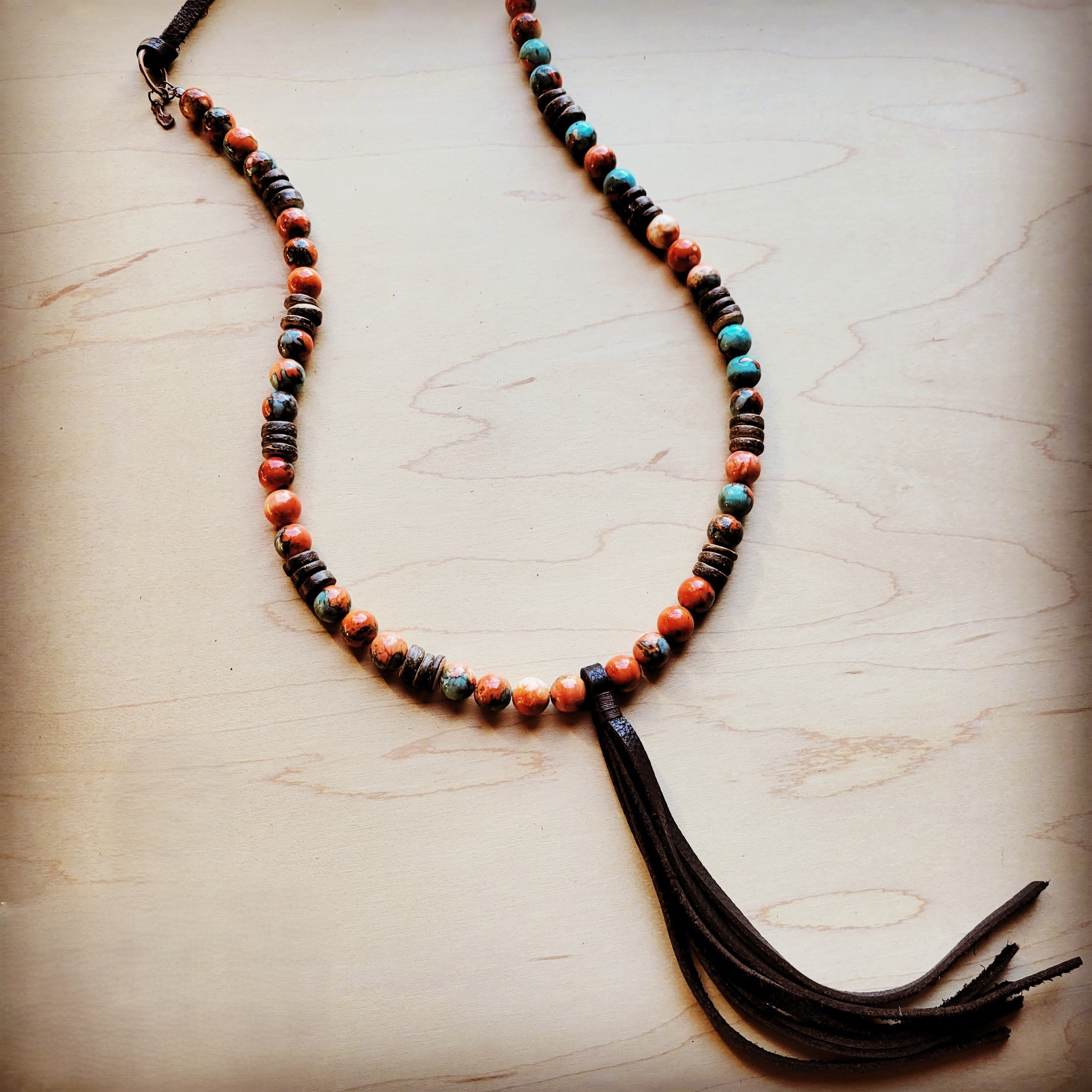 **Multi-Colored Turquoise Necklace with Wood Beads &amp;amp; Leather Tassel 236B