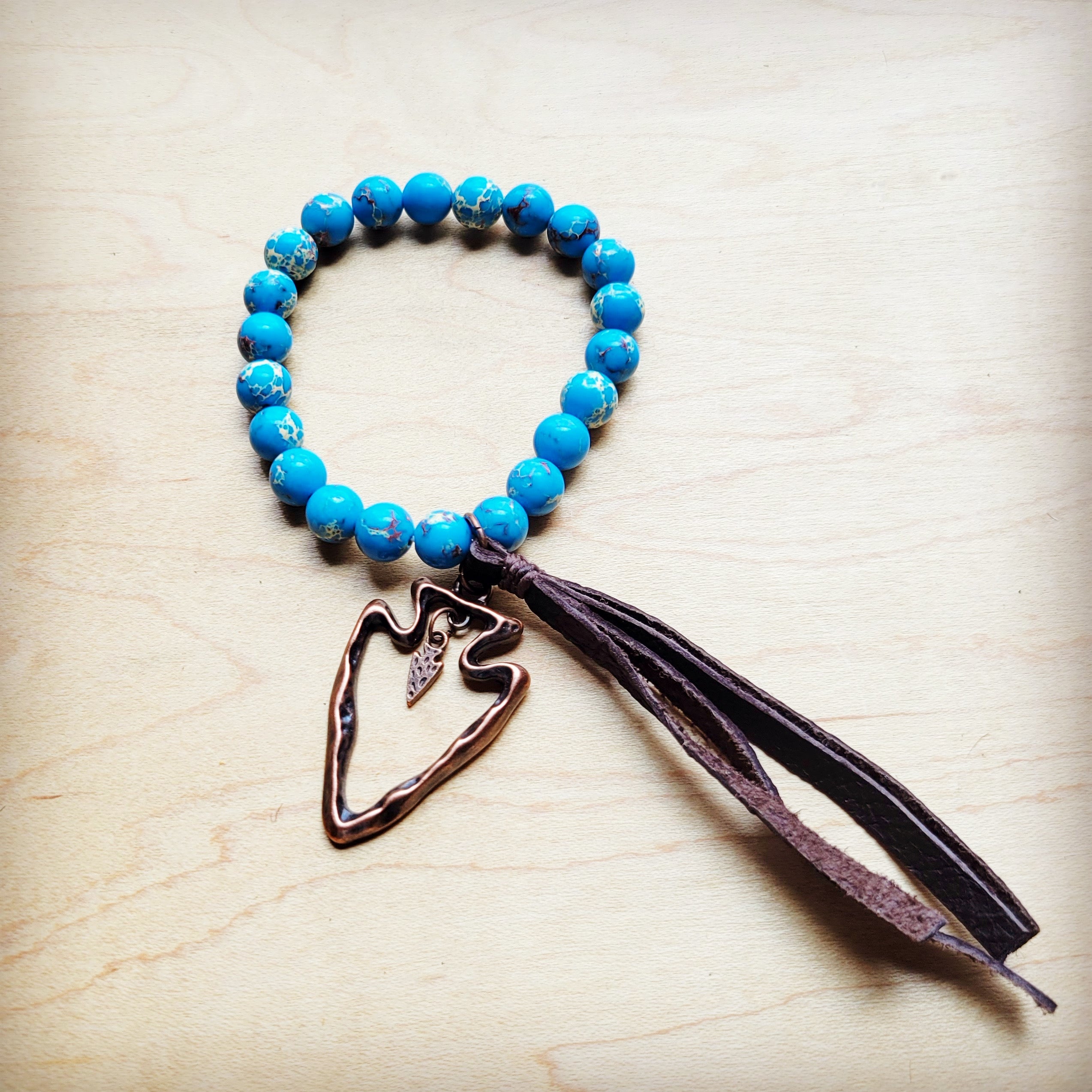 Ocean Agate Beaded Bracelet w/ Leather Tassel and Arrowhead 810k