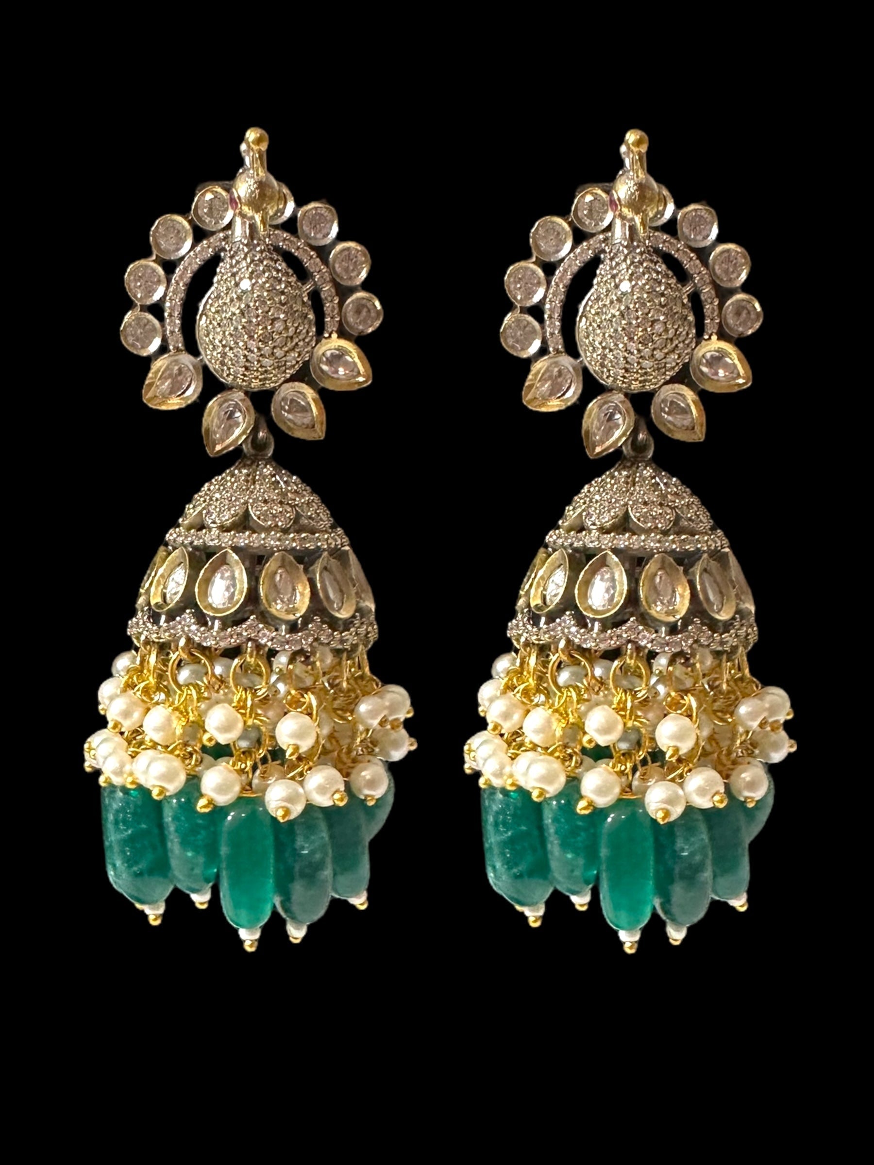DER796 Mor polki jhumka - GREEN ( READY TO SHIP )