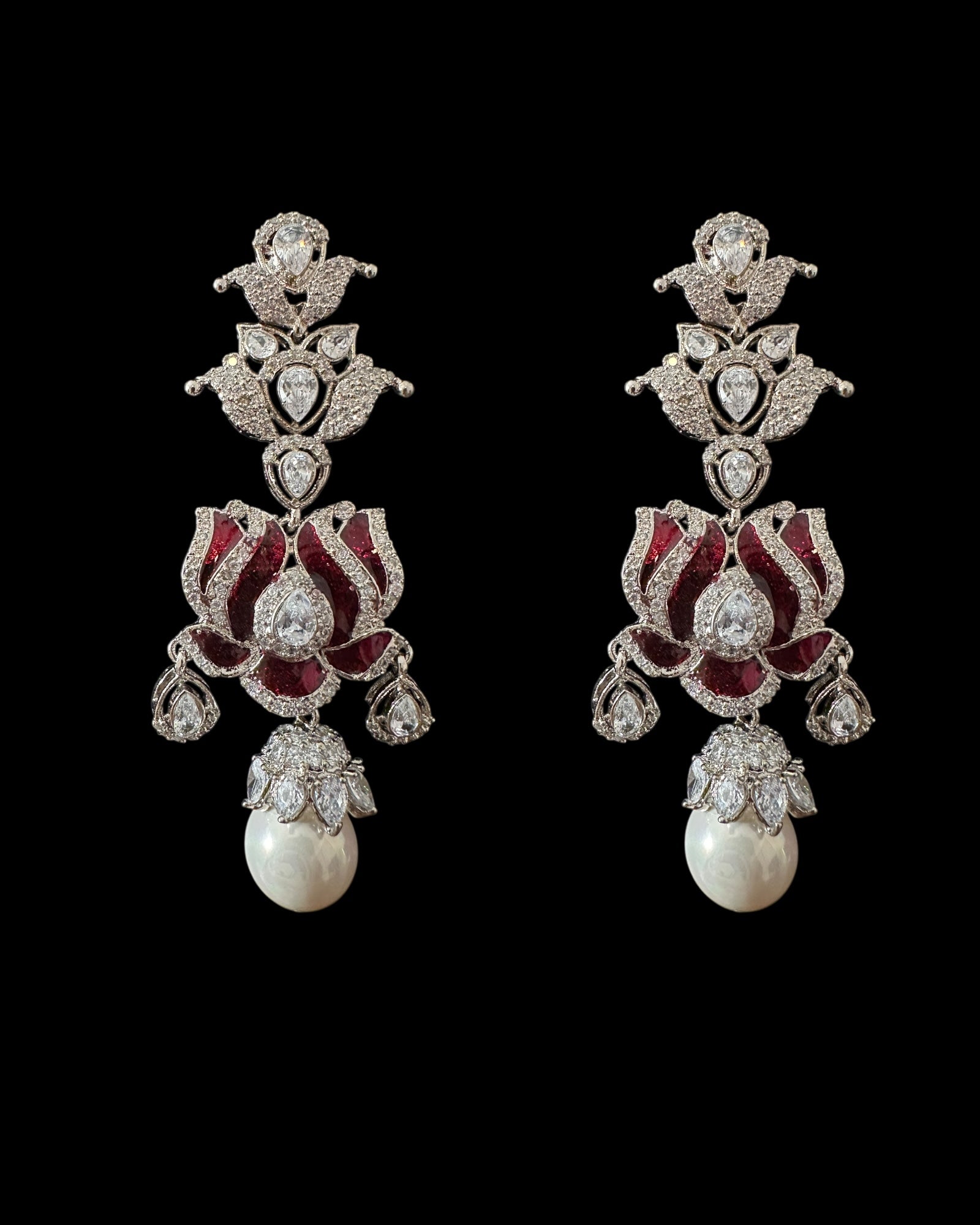 DER809 Lotus Cz earrings -Maroon ( READY TO SHIP )