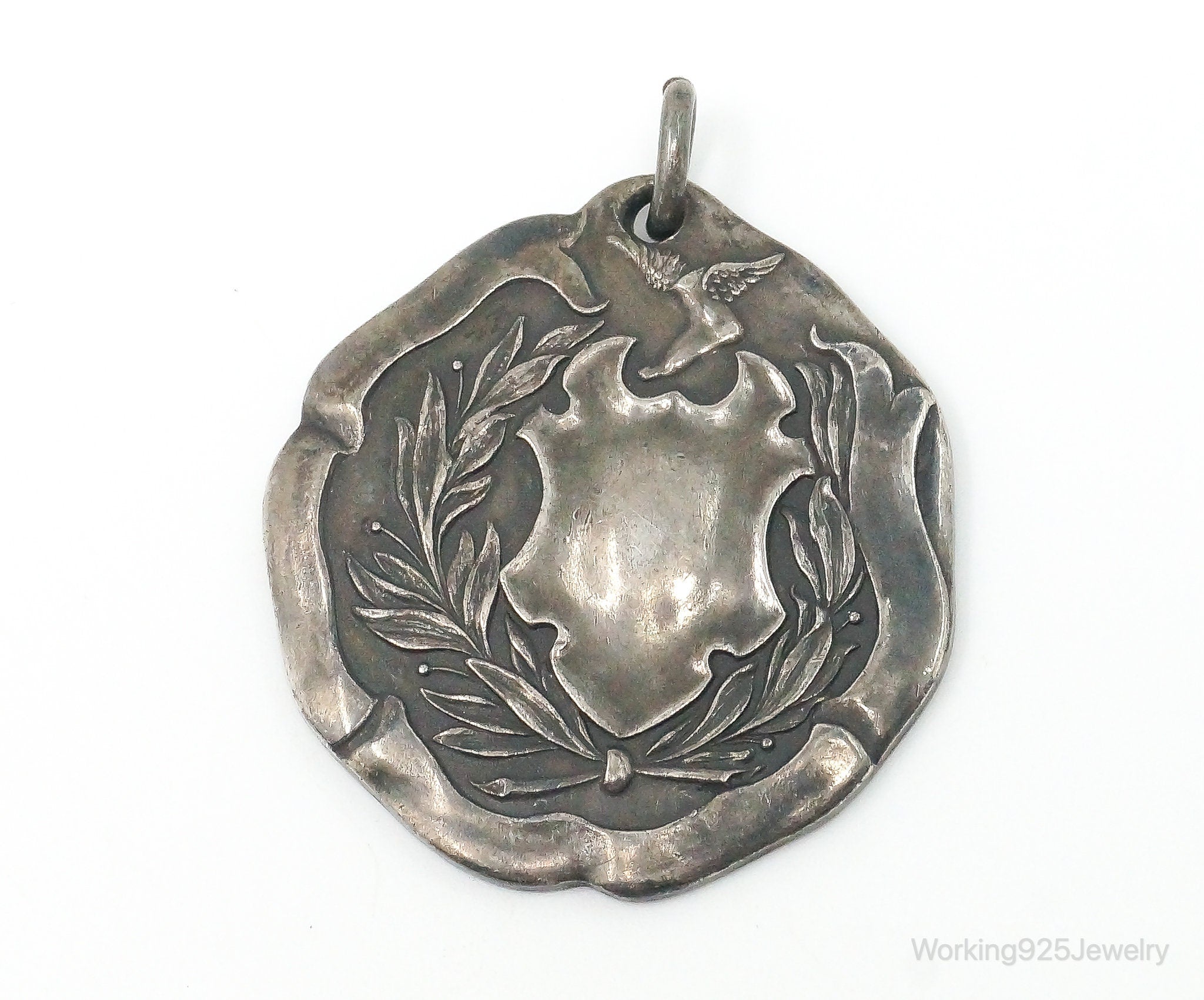 Rare Antique WENDELL &amp;amp; CO Hermes Wreath Shield Sterling Silver Necklace Pendant