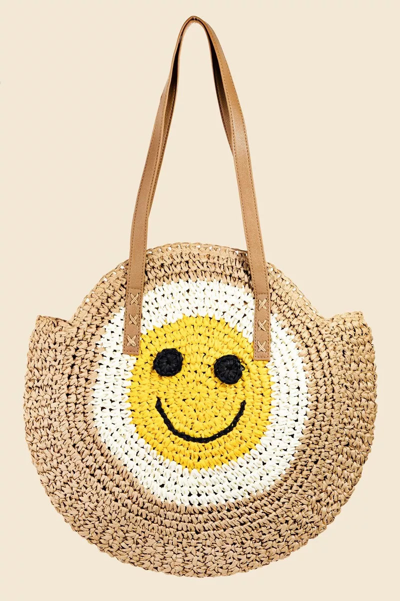 Fame Straw Braided Round Happy Face Tote Bag