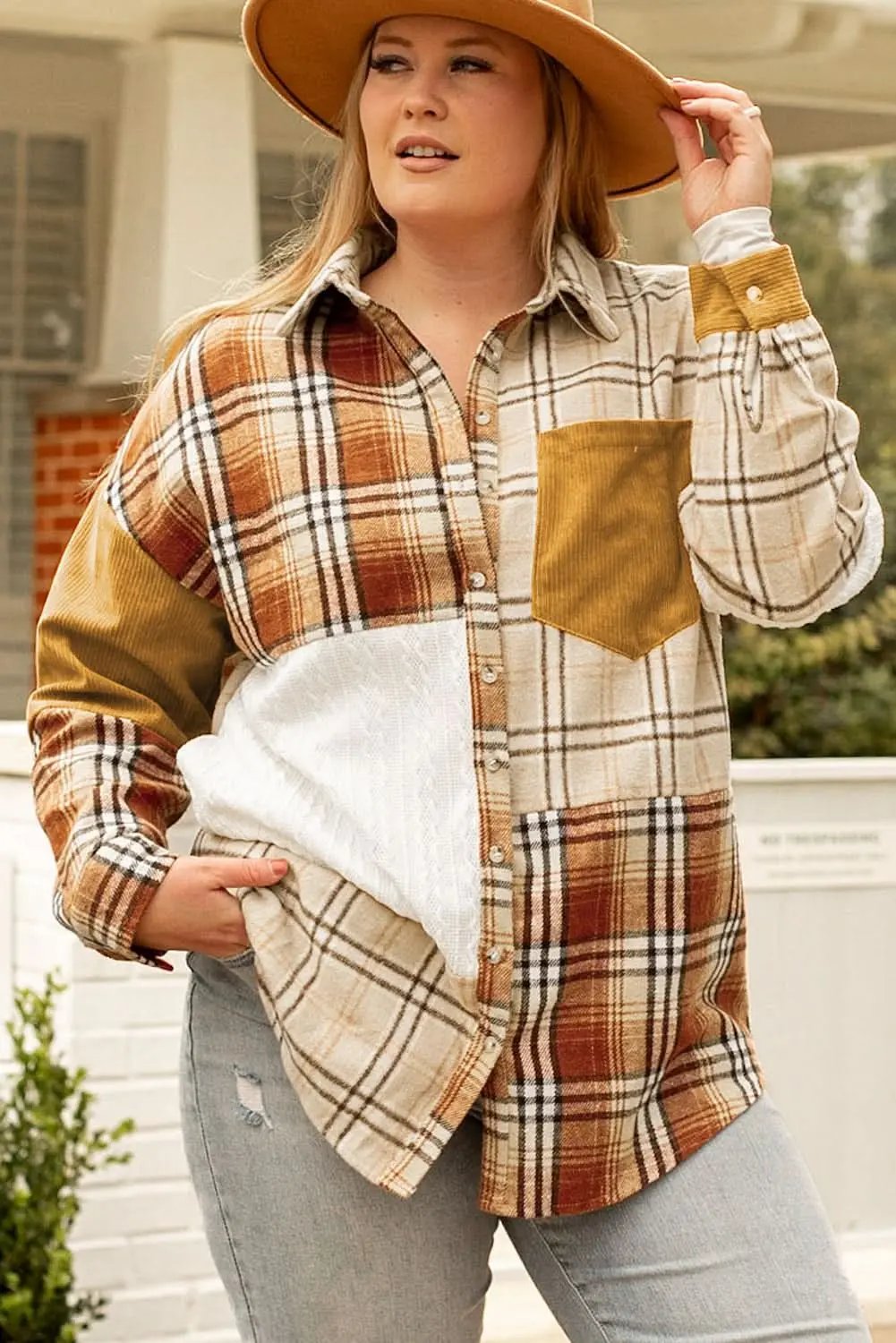 Love Salve Apricot Plaid Shacket Women&amp;#39;s Plus Size Trendy Layering Top