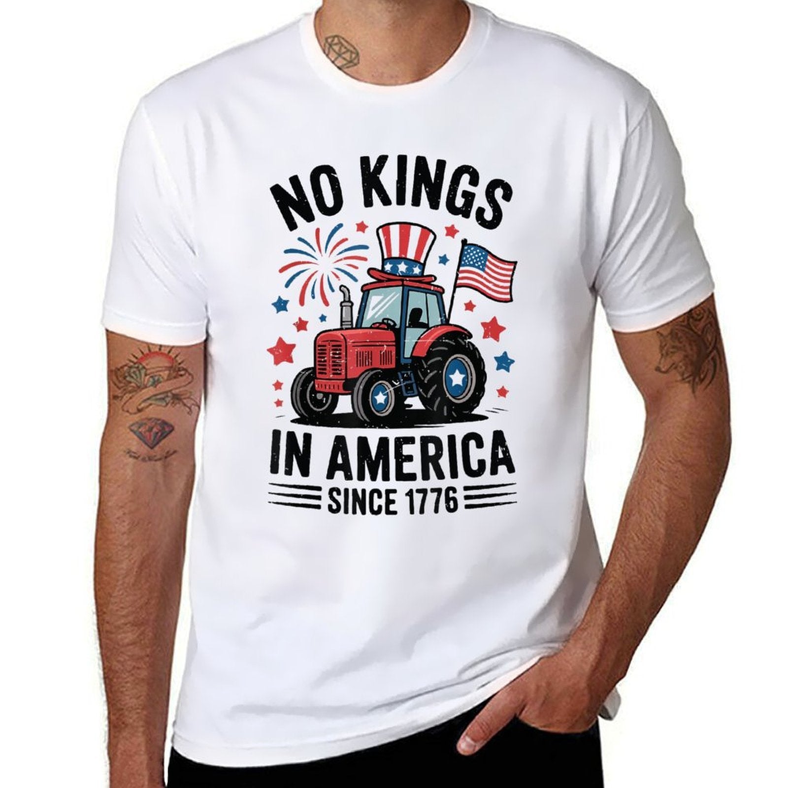 No Kings In America Funny 4th July Tractor Toddler  Stretchy T-Shirt