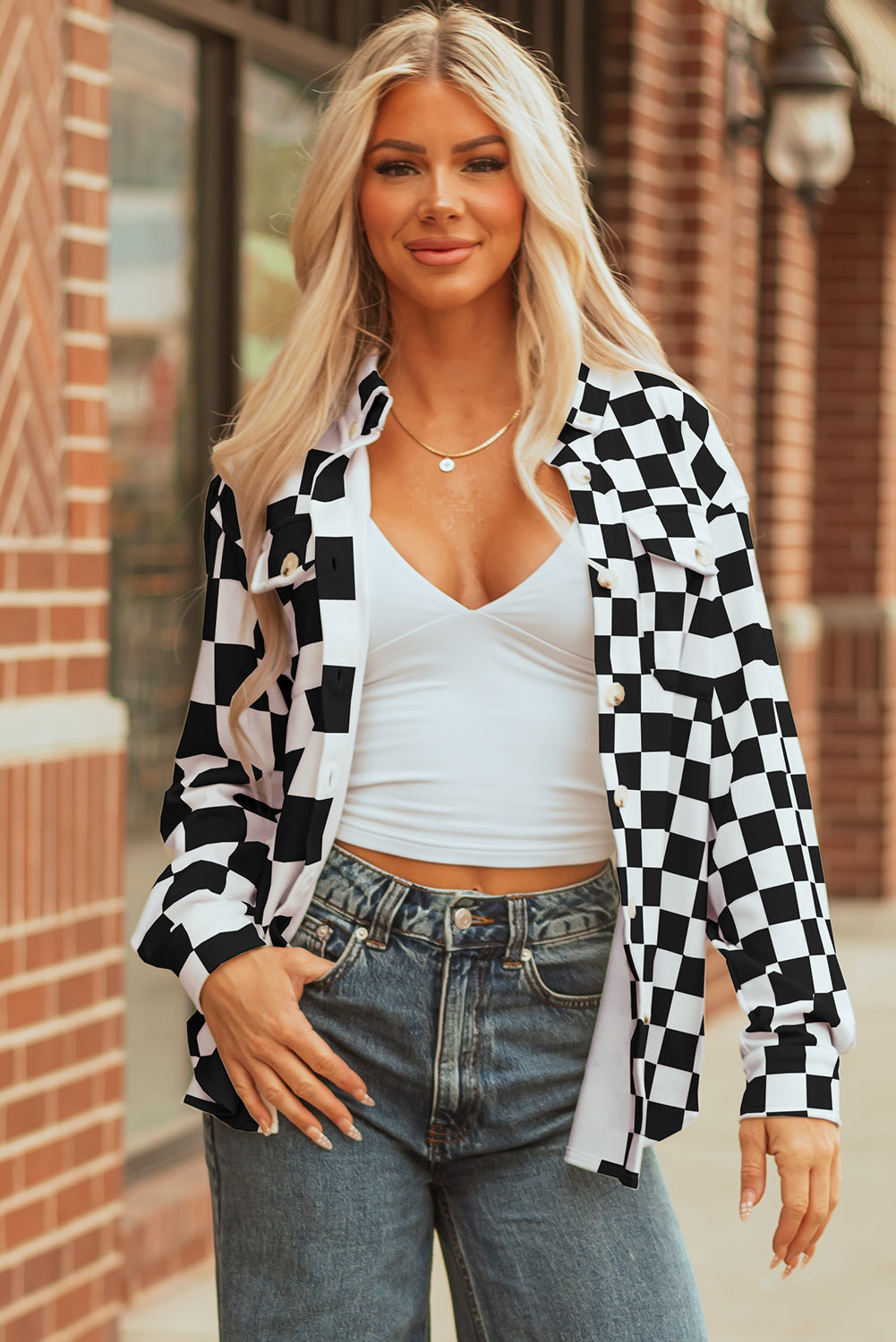 Checker Flap Pocket Button Front Shacket