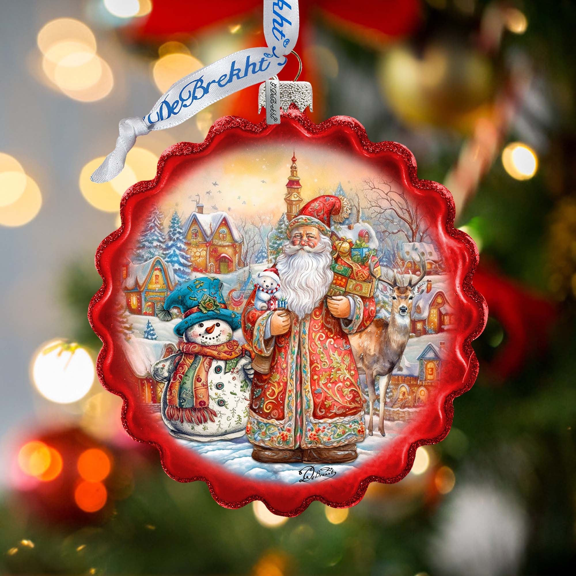 Merry Christmas Wreath Glass Ornament by G. Debrekht - Christmas Santa Snowman Decor - 759-058