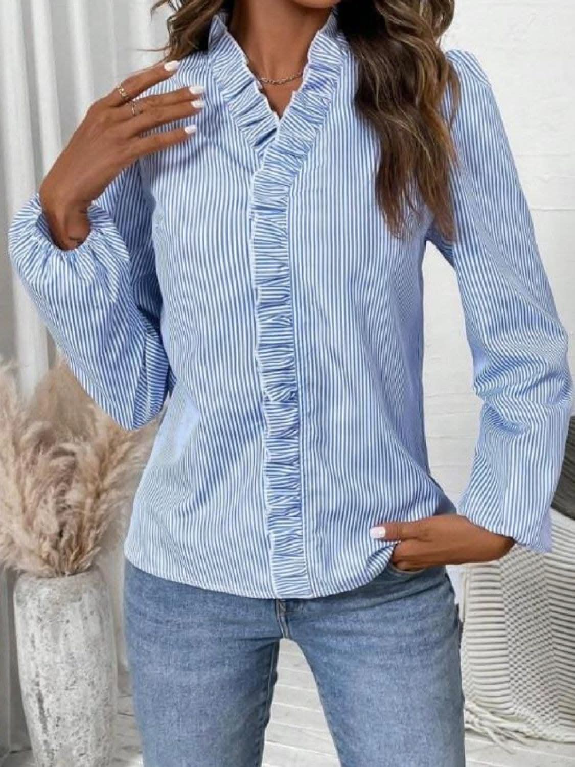 Shirts - Frilly striped v-neck blouse - Premium Quality