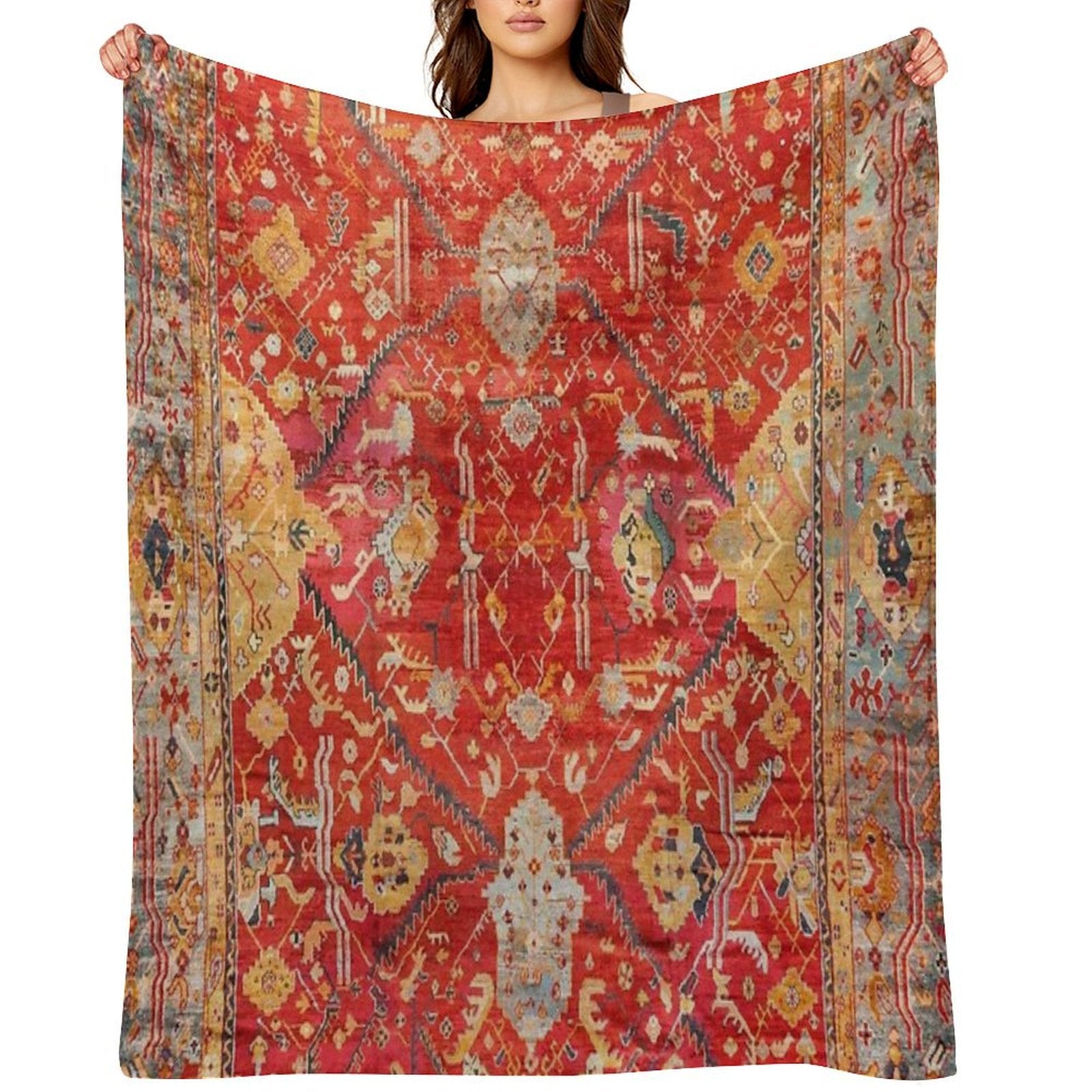Antique Turkish Oushak Rug Print Throw Blanket