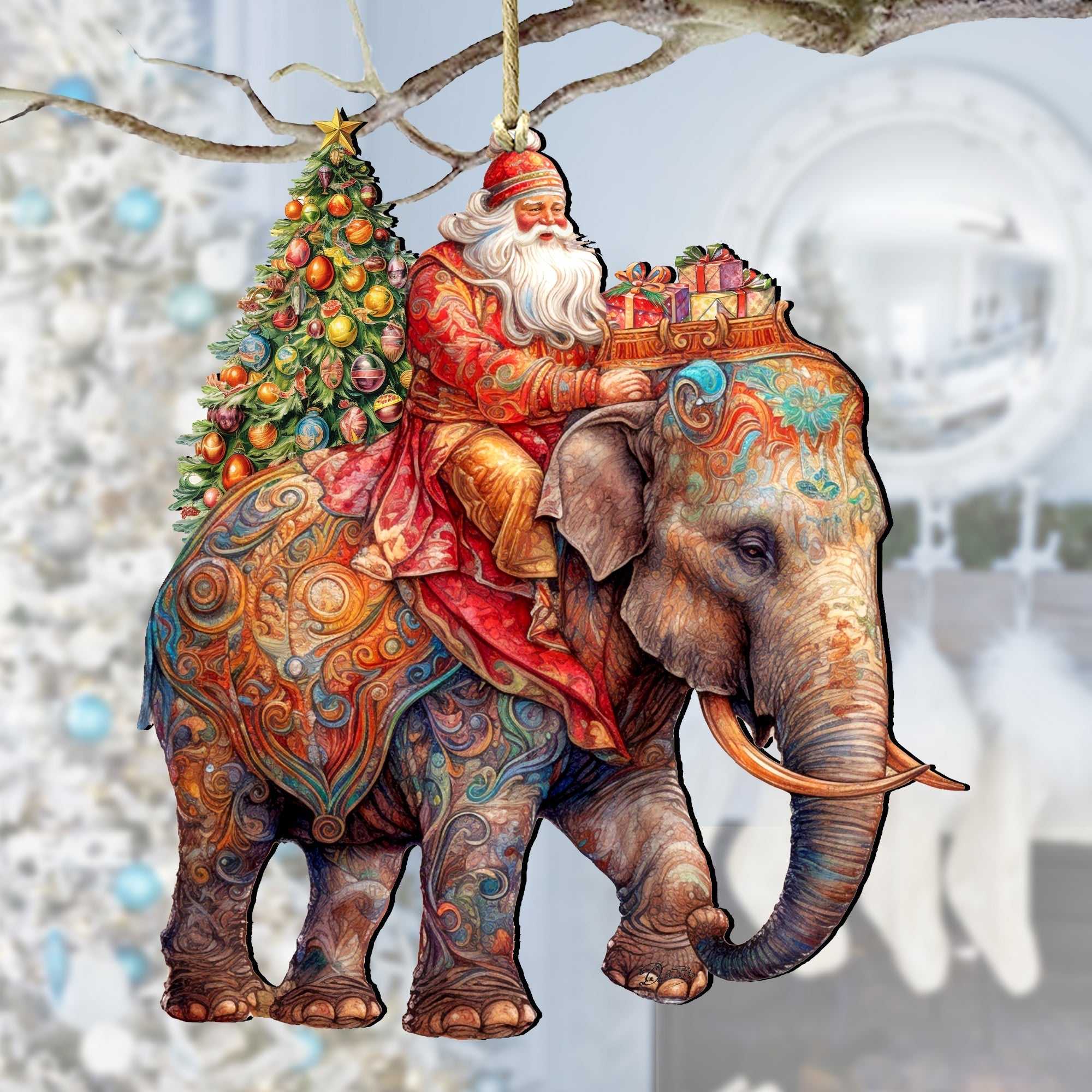 Santa on Elephant Wooden Ornaments by G. Debrekht Christmas Santa Snowman Decor - 8611043-2