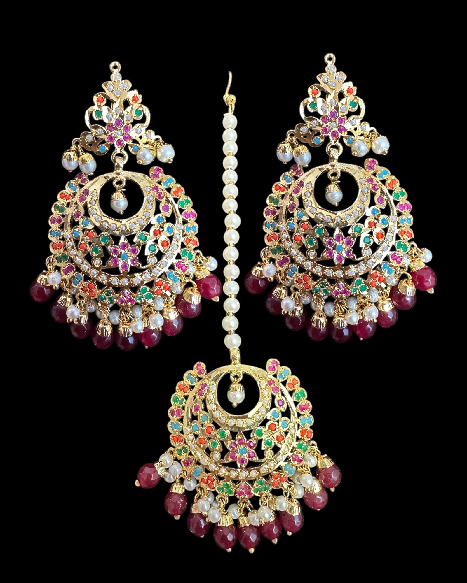 DJET83 Dafiya Gold Plated Chandbali Earrings &amp;amp; Tika Set in Navratan | Ready to Ship | Deccan Jewelry