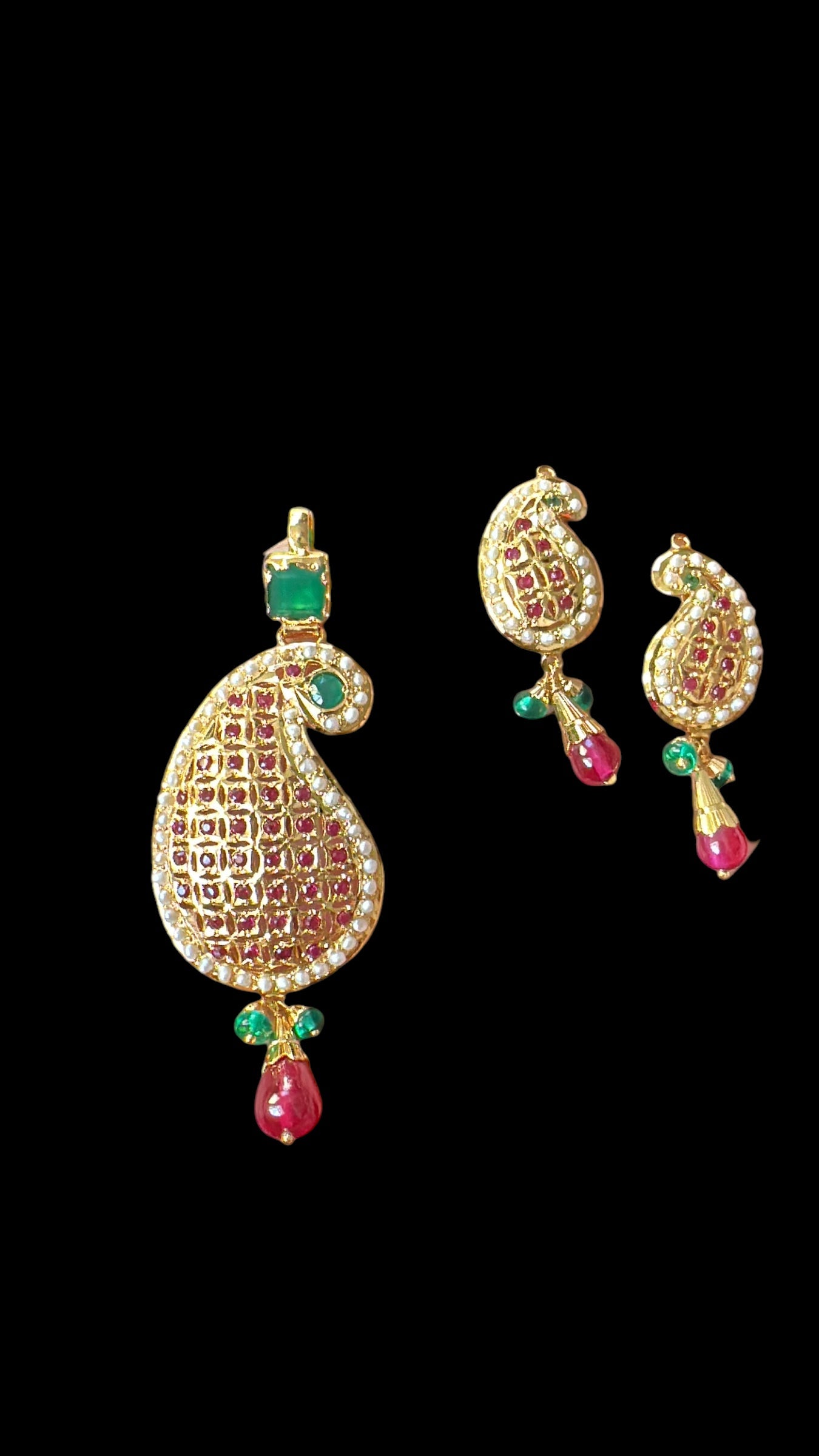 Gold‑Plated Jadau Silver Pendant Set in Ruby &amp;amp; Emeralds  ( SHIPS IN 4 WEEKS )
