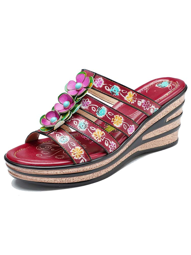 Triple Flowers Purle Wedge Slippers