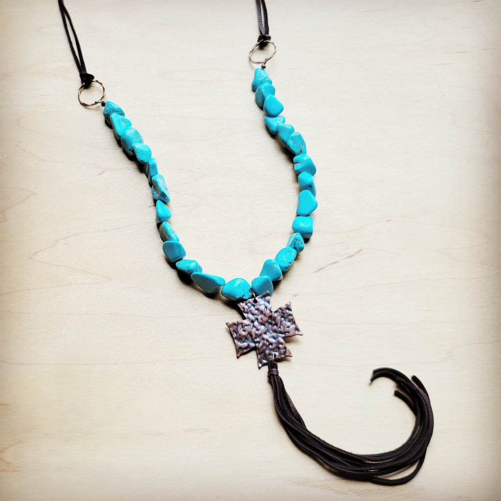 **Chunky Magnesite Beaded Cross Necklace w/ Leather Tassel 258j