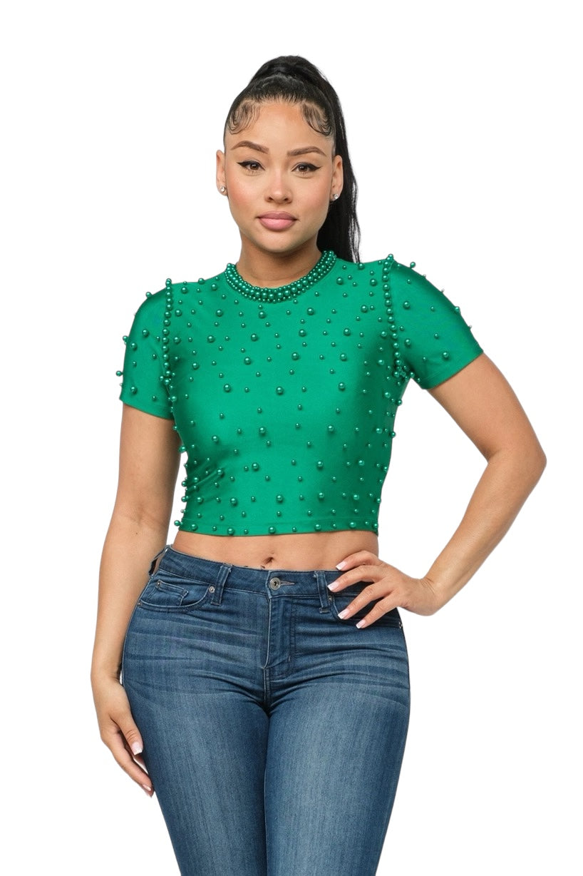 Front Pearls Embellished Detail Crop Top
