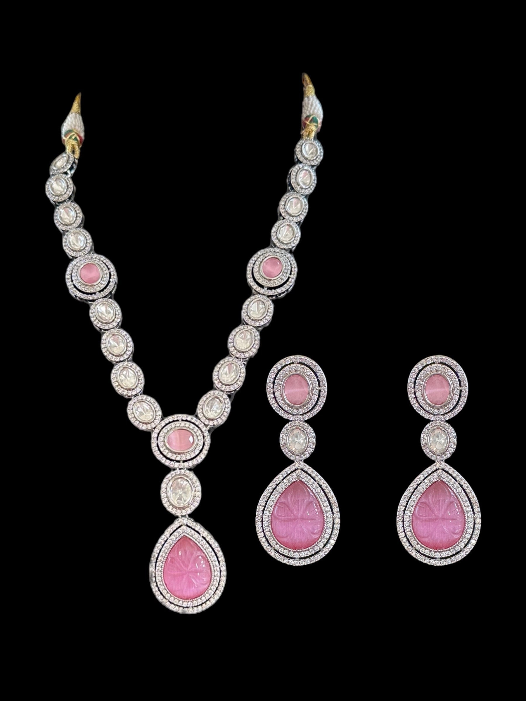 DNS55 Reema high quality Polki necklace set - PINK  ( READY TO SHIP )