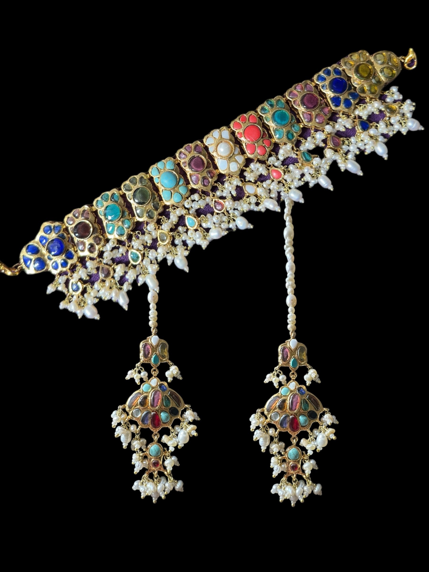 C547 Navratan bridal choker earrings set in fresh water pearls ( READY TO SHIP )
