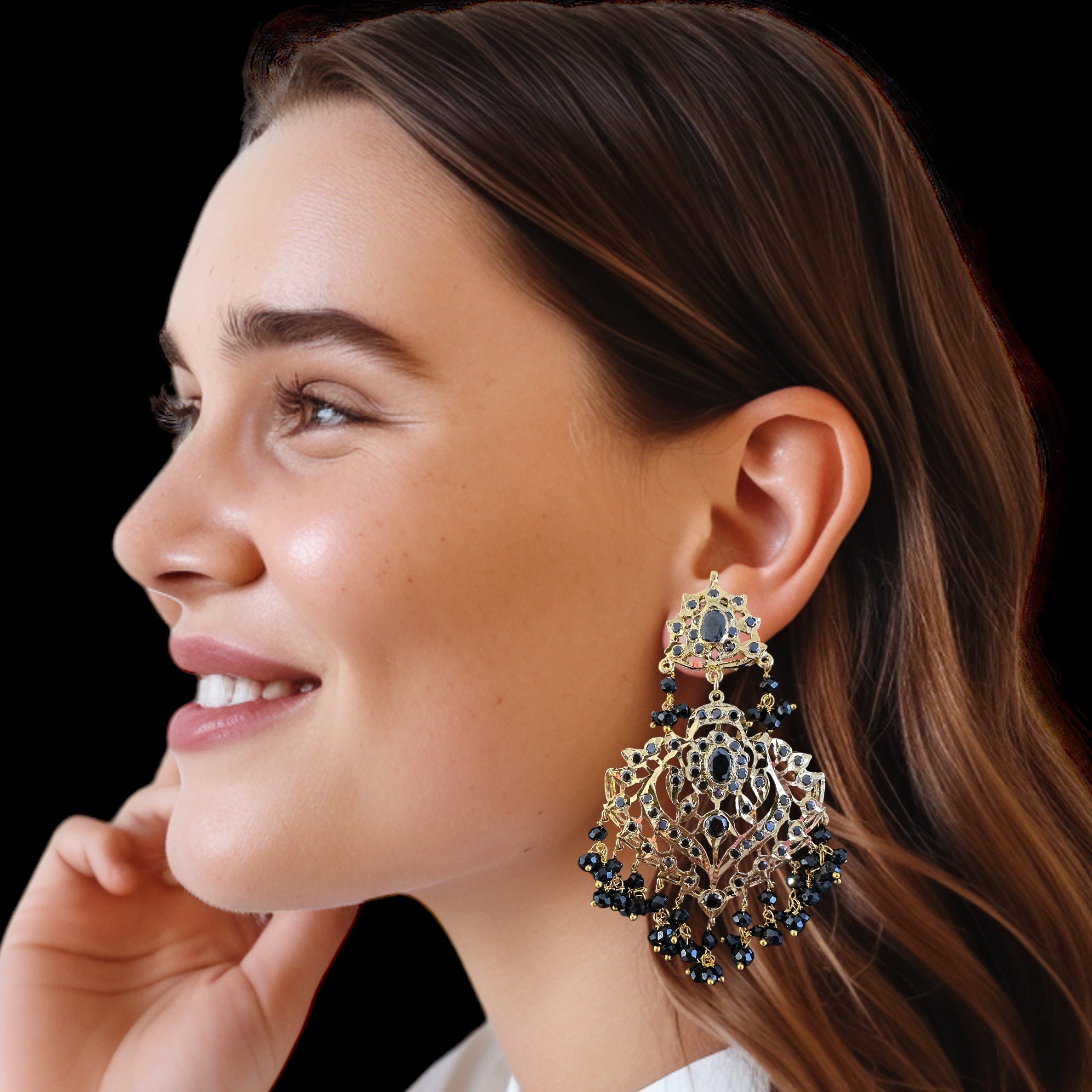 DER721  Ekta gold plated earrings - BLACK  ( SHIPS IN 4 WEEKS )