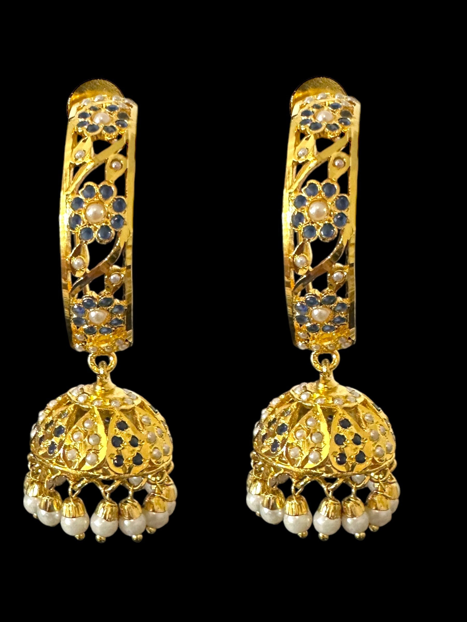 DER805 Jadau jhumka/hoop earrings in sapphire pearl combination ( SHIPS IN 3 WEEKS )